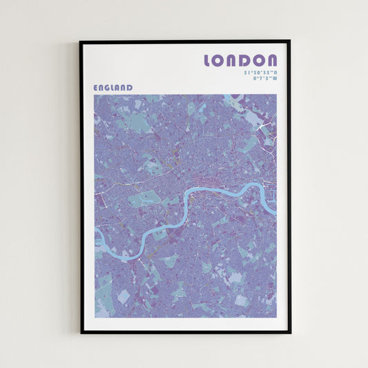 London travel map poster in a black metal frame.