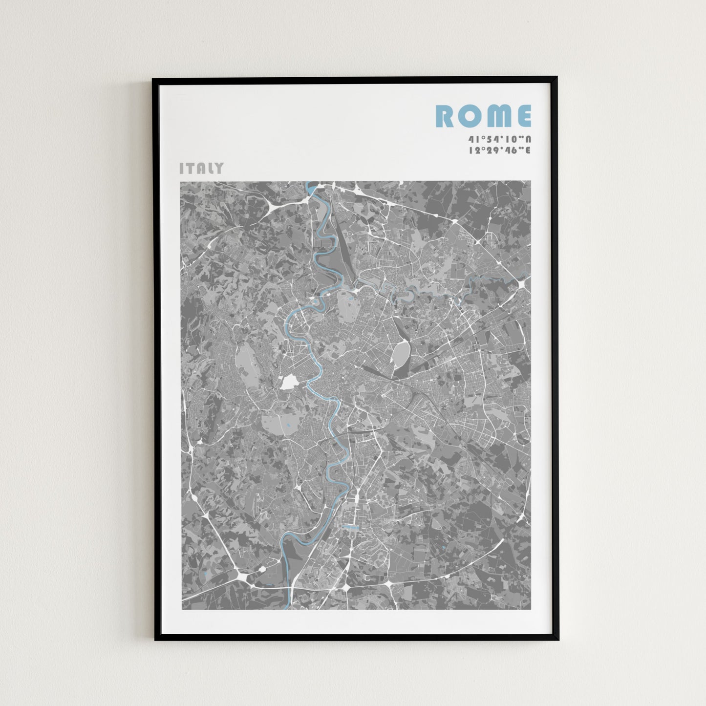 Rome travel map poster in a black frame.