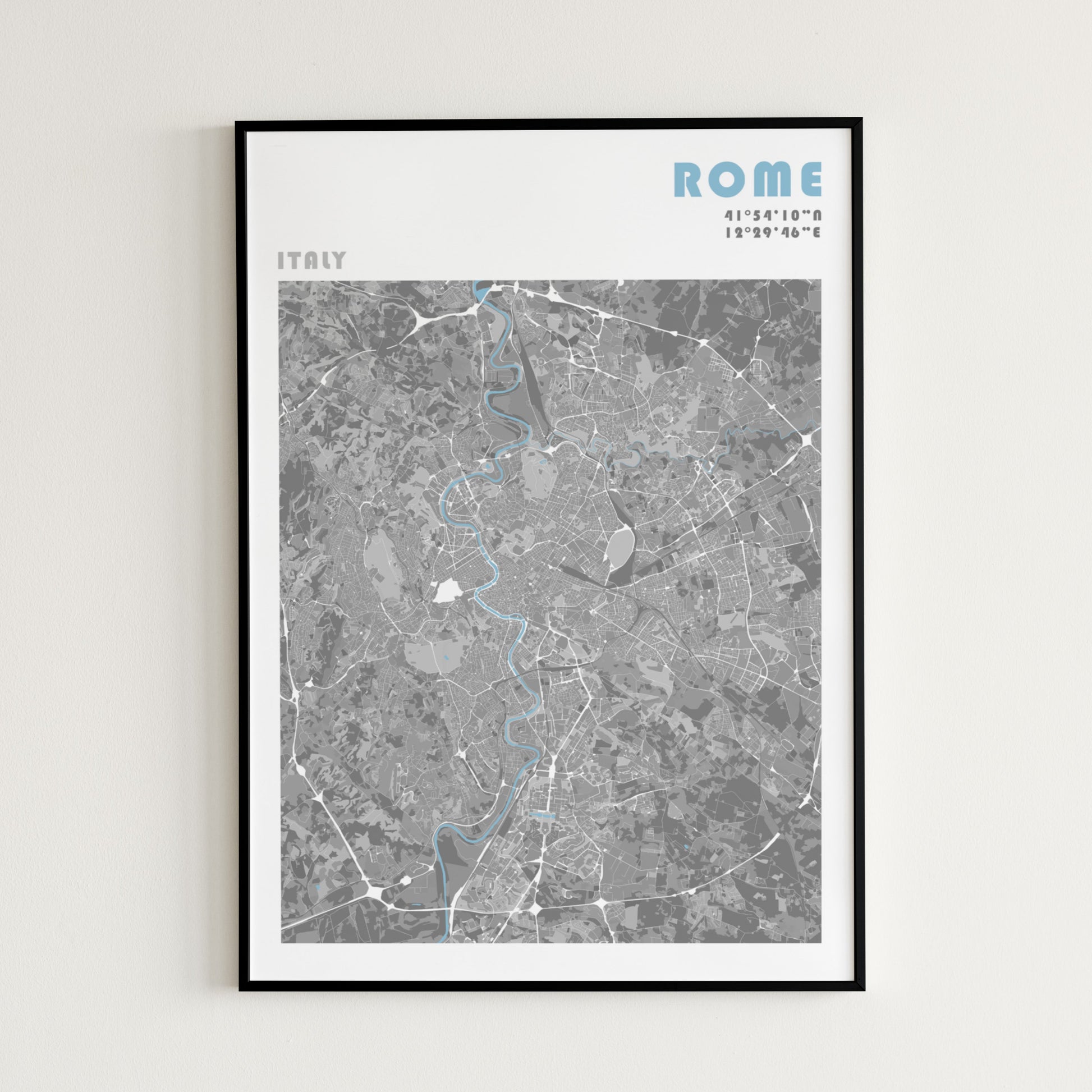 Rome travel map poster in a black frame.