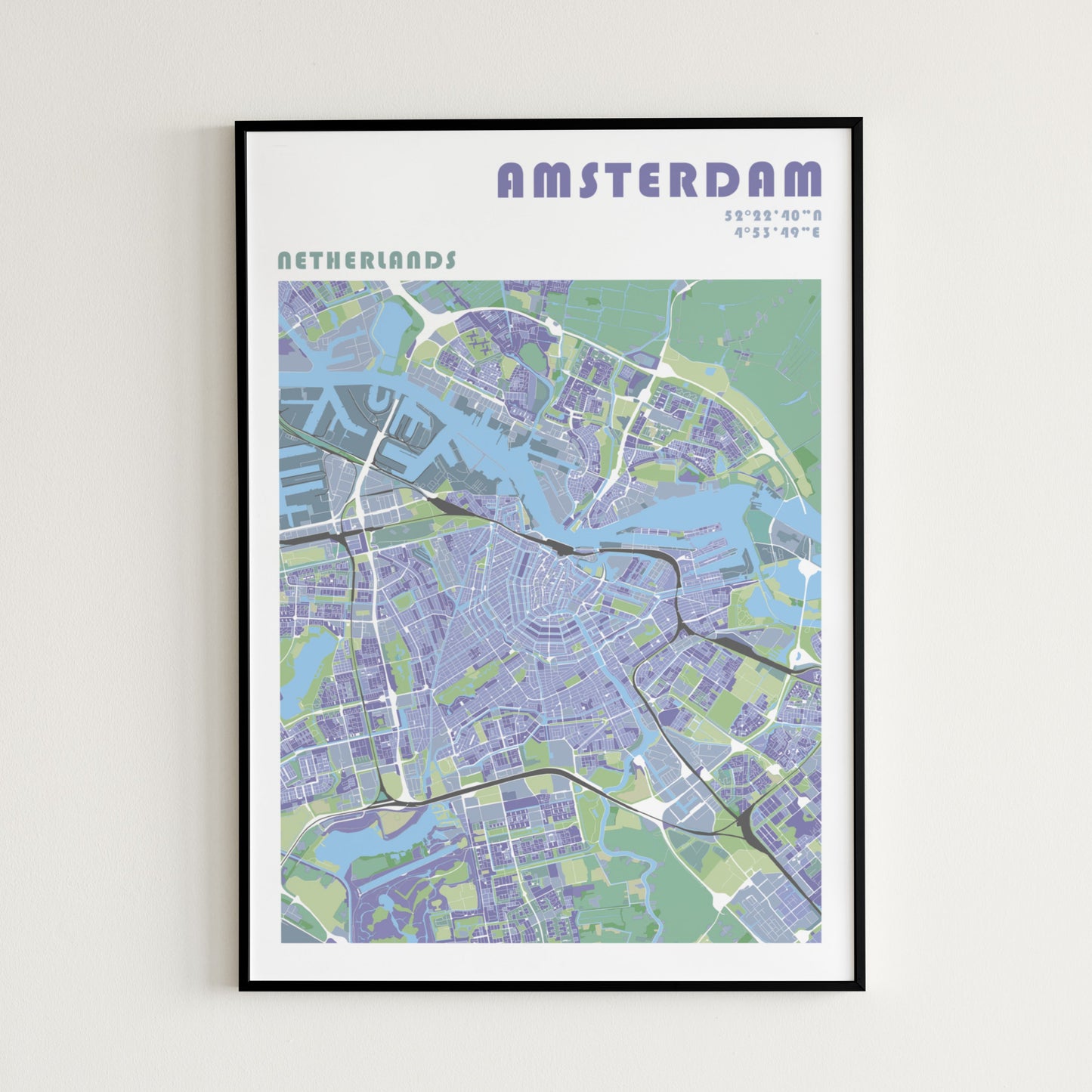 Amsterdam travel map poster in a black metal frame.