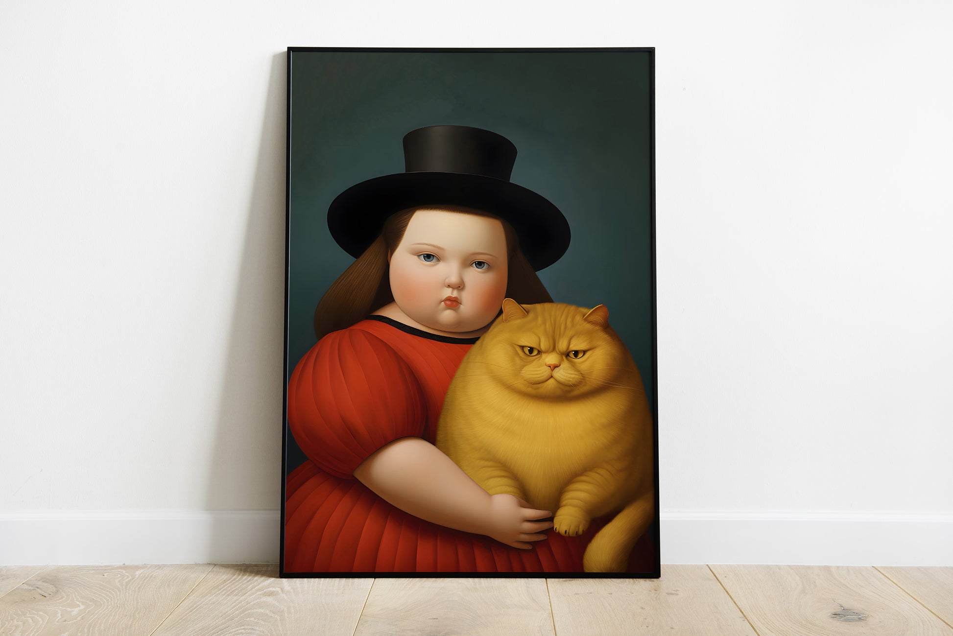 Botero portrait of a Girl with Cat print in a black metal frame.