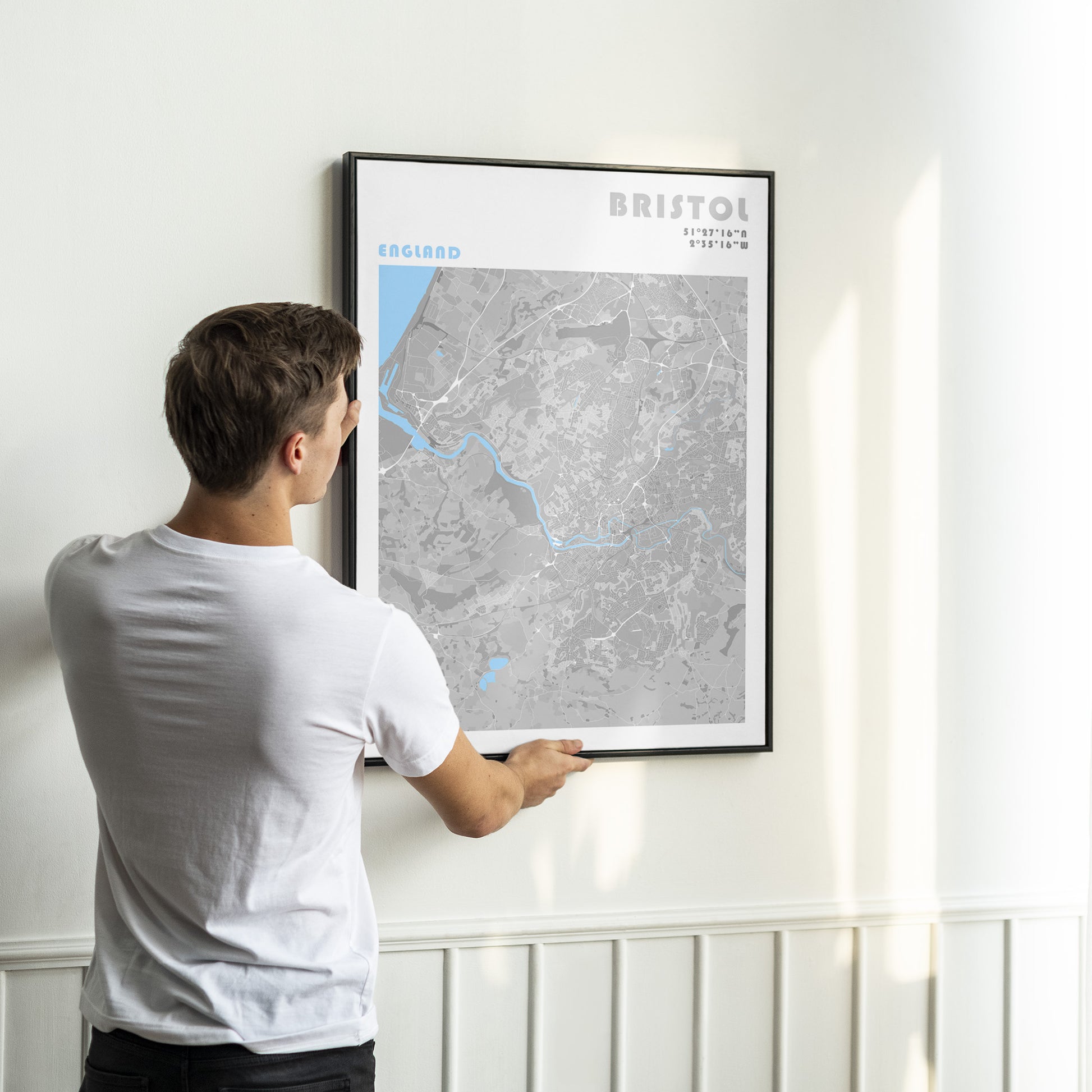 Bristol travel map poster in a black metal frame.