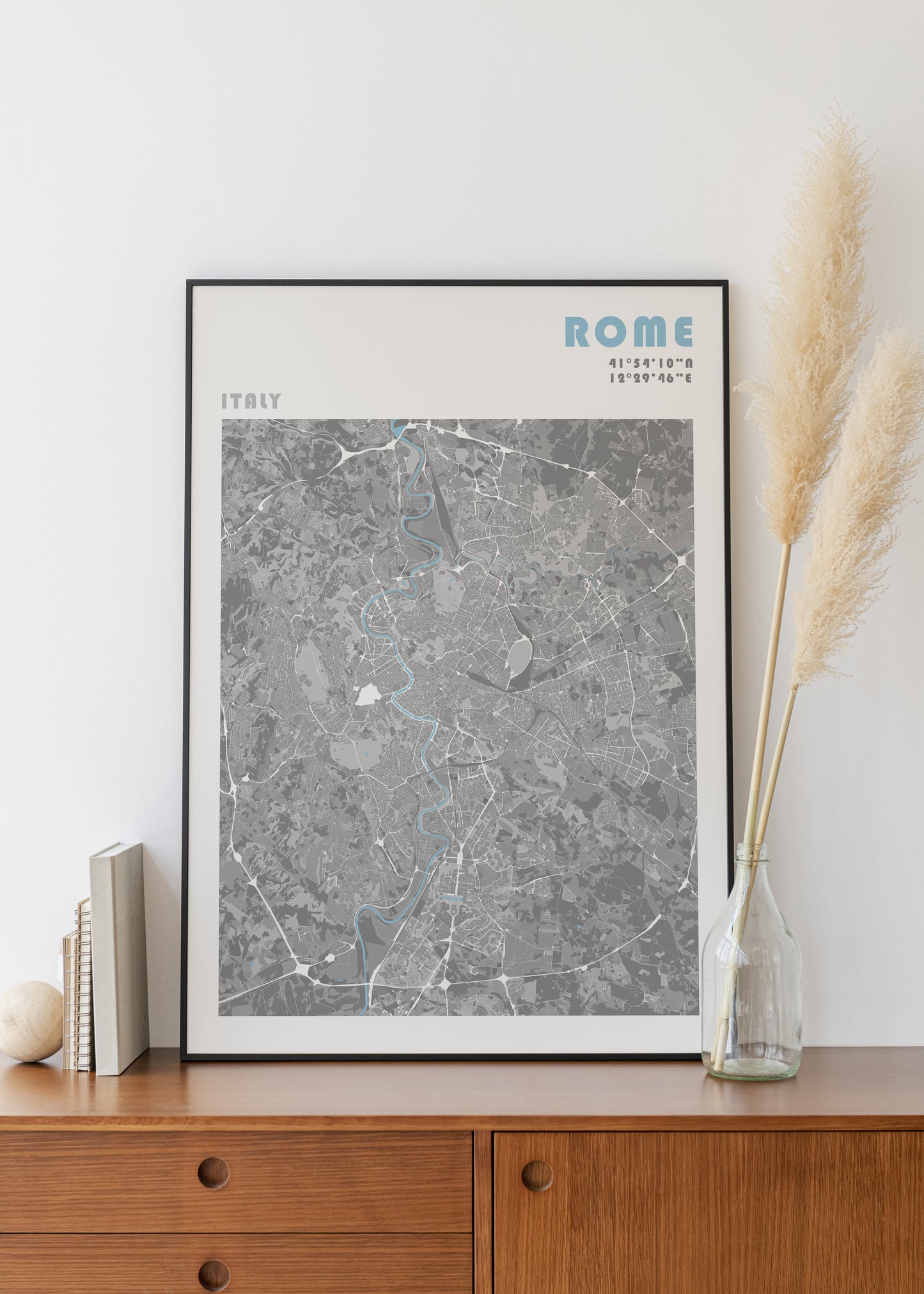 Rome travel city map print in a black frame.