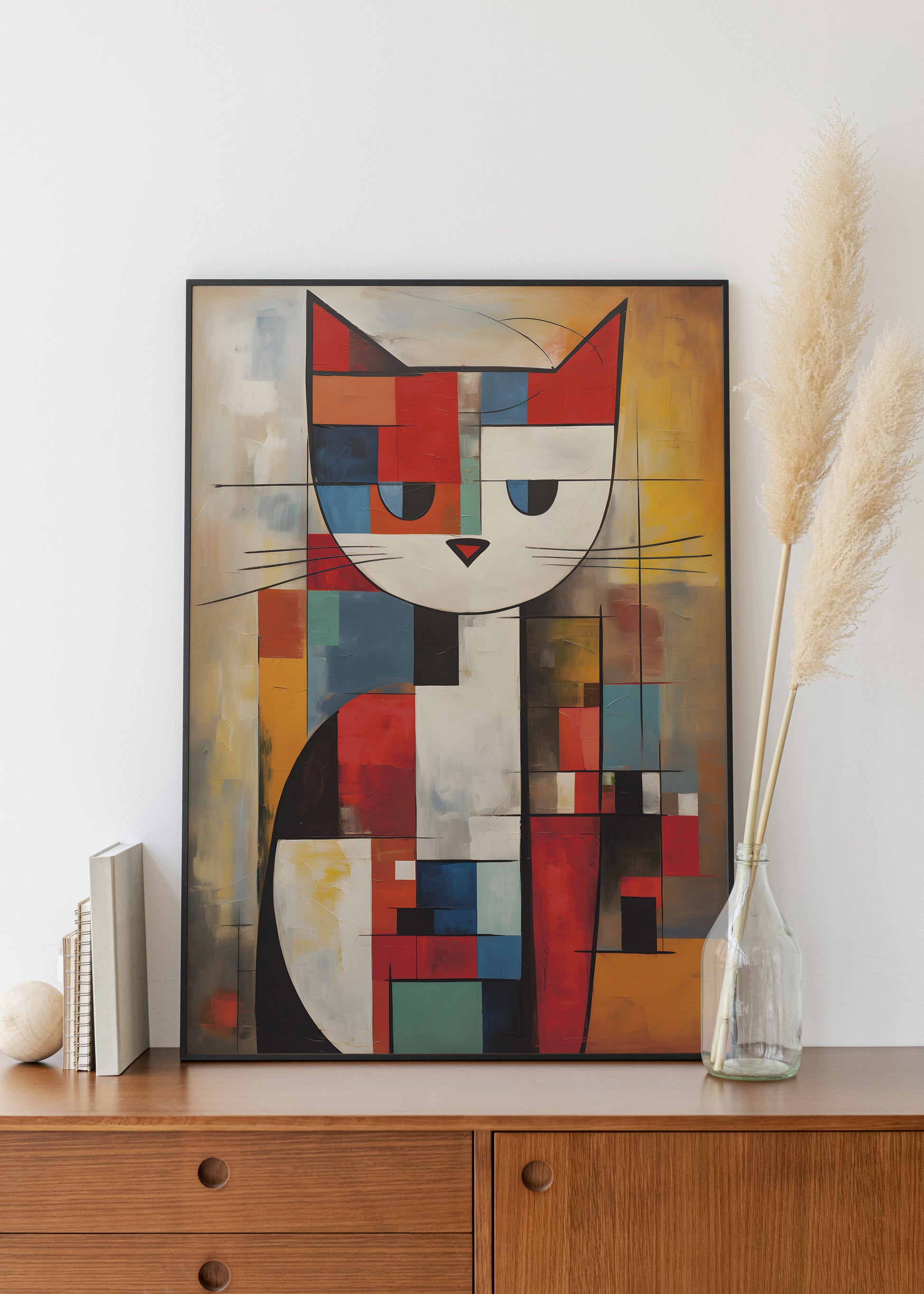 Mondrian Cat wall art print in a black slim metal frame