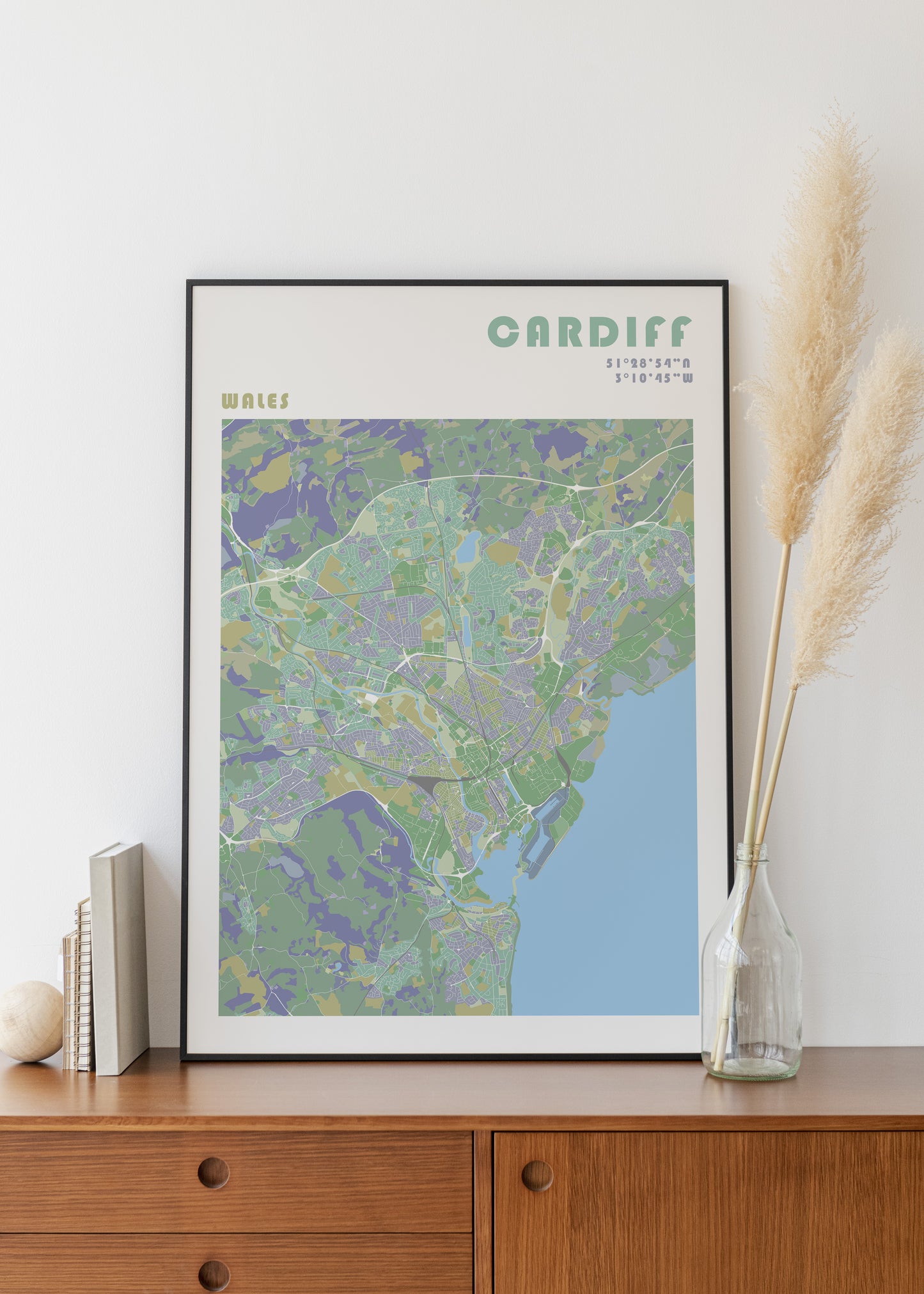 Cardiff wall art in a black metal frame.