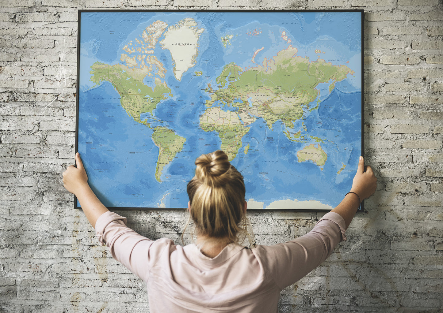 Relief-Weltkarte | Verschiedene Größen verfügbar | Physischer Weltkartendruck | Wandkunst auf Leinwand mit Weltkarte und Ozeanen