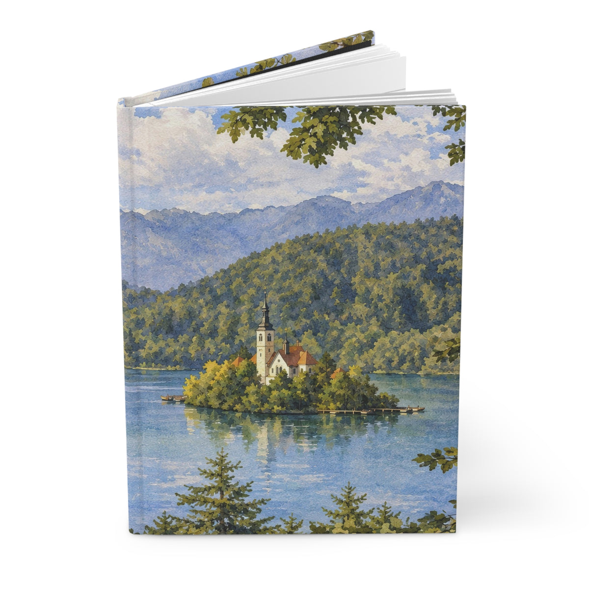 A hardcover notebook or journal standing upright, featuring a scenic landscape illustration on the cover of an island church surrounded by blue water and green mountains, photographed on a clean white background.