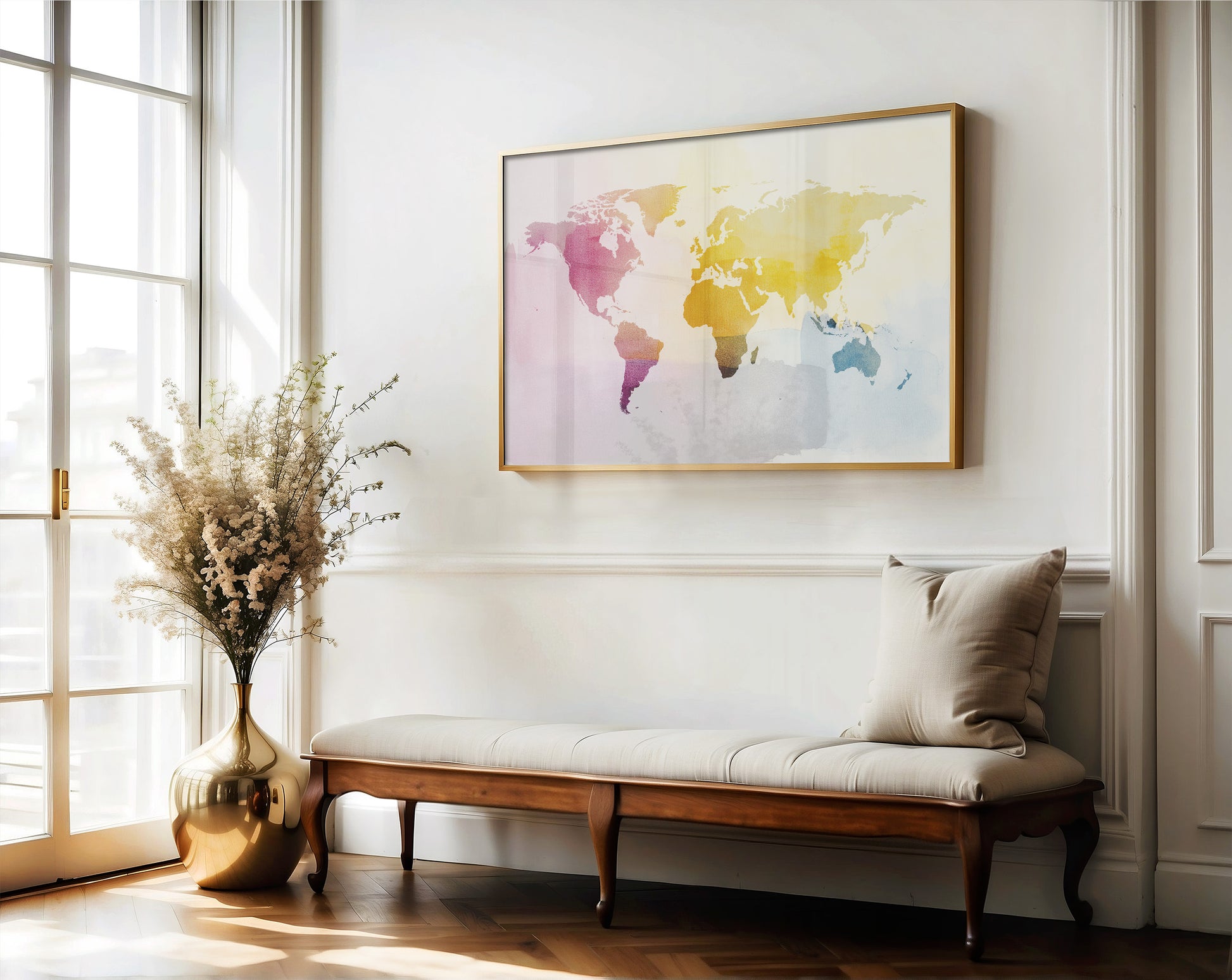 World map artwork on a wall above a wooden bench with a vase and plant.
