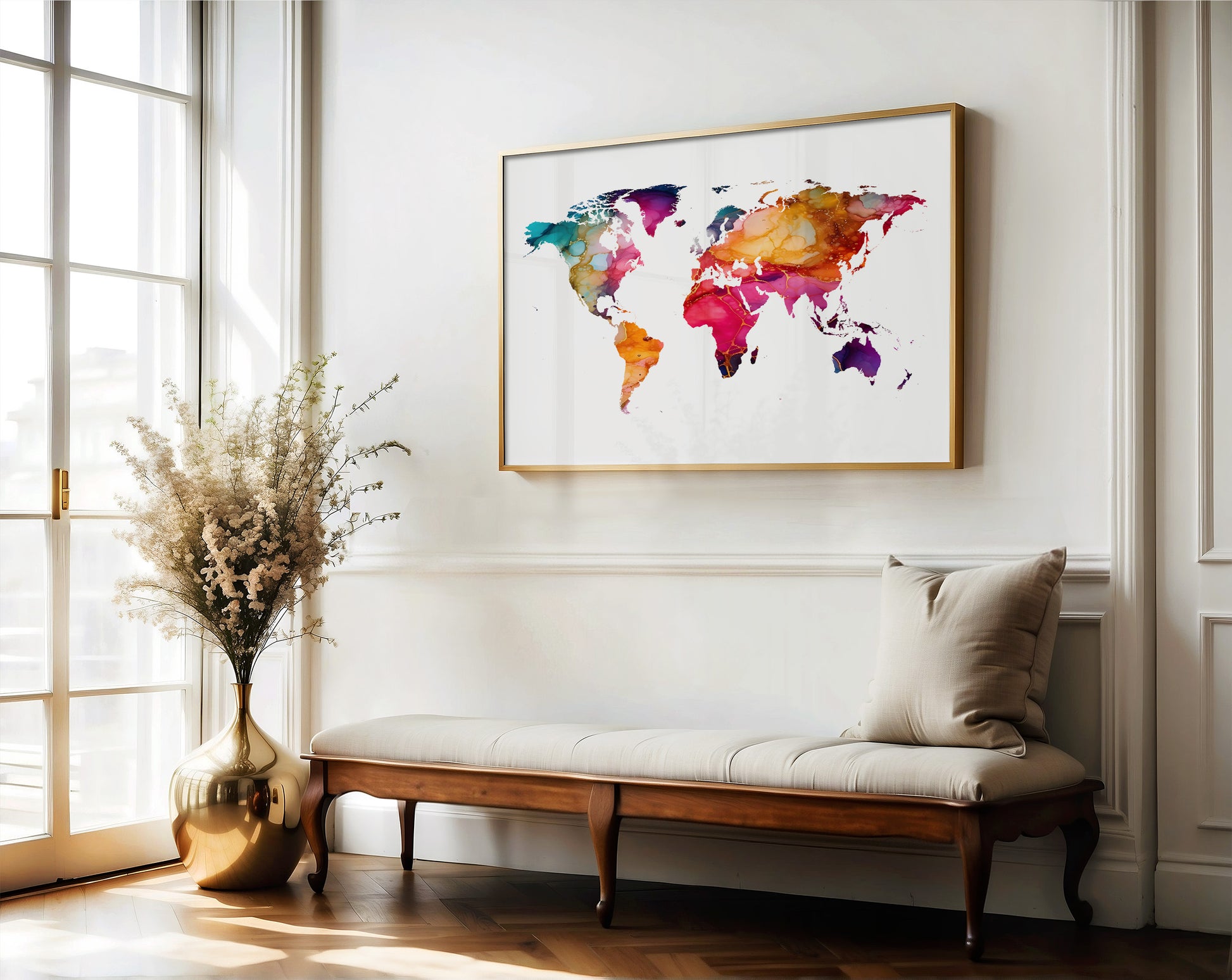 Colorful world map art print on a wall above a wooden bench with a vase and flowers.