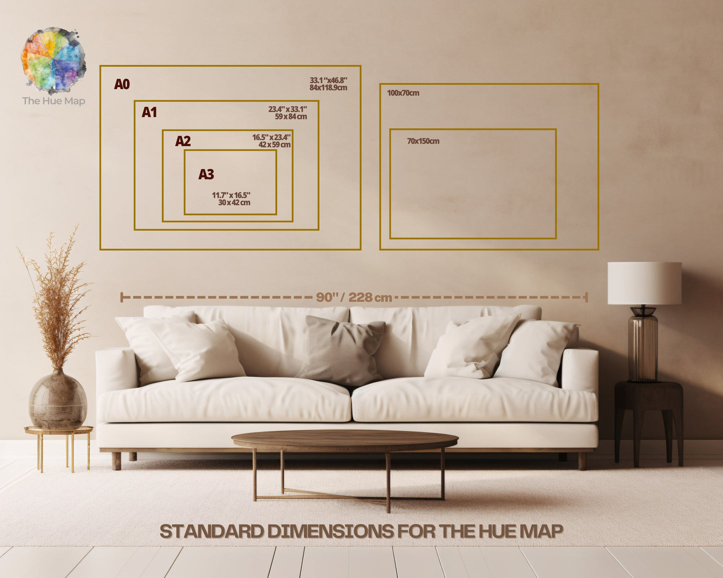 A living room scene showing a beige sofa, side table, lamp, and wall-mounted framed size guides labeled A0, A1, A2, A3, and 10ft/3m with text reading 'Standard Dimensions for the Hue Map.' This is not a clean product shot of a physical item being sold, and it is not a measurement chart for apparel or furniture sizing; it is an informational graphic about wall art dimensions, so the best fit is Other.
