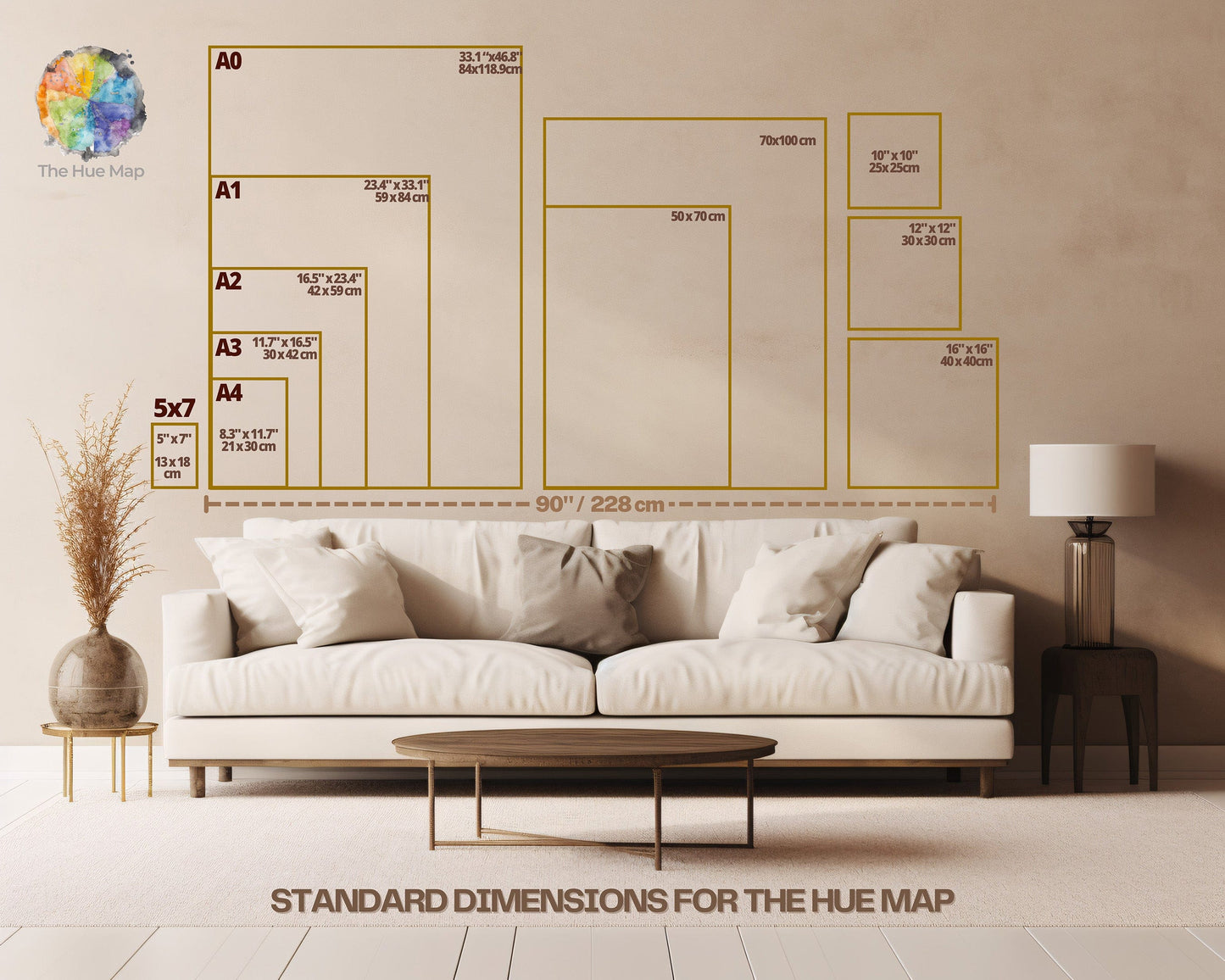 Different size options for wall art and posters at The Hue Map.