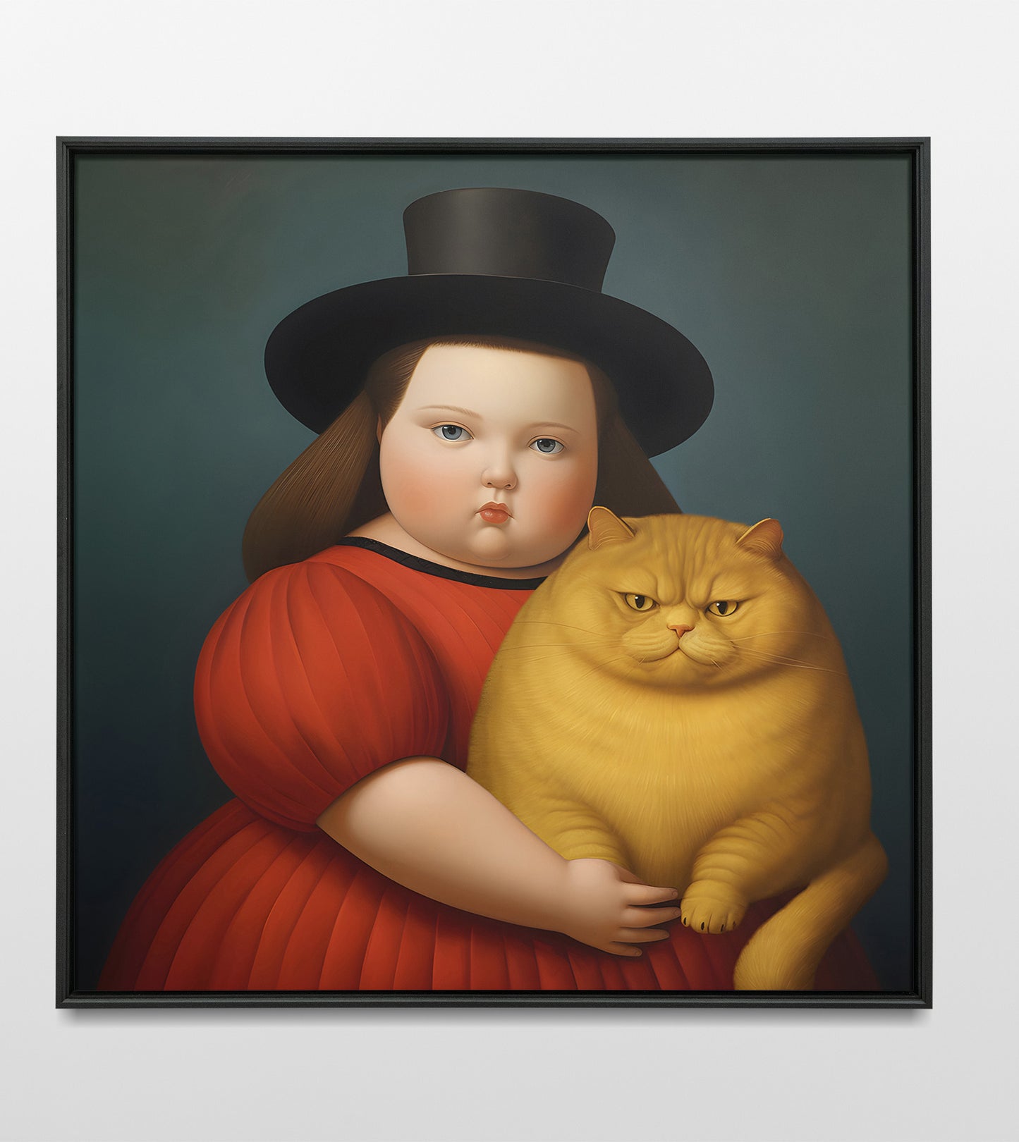 Botero portrait of a Girl with Cat print in a black metal frame.