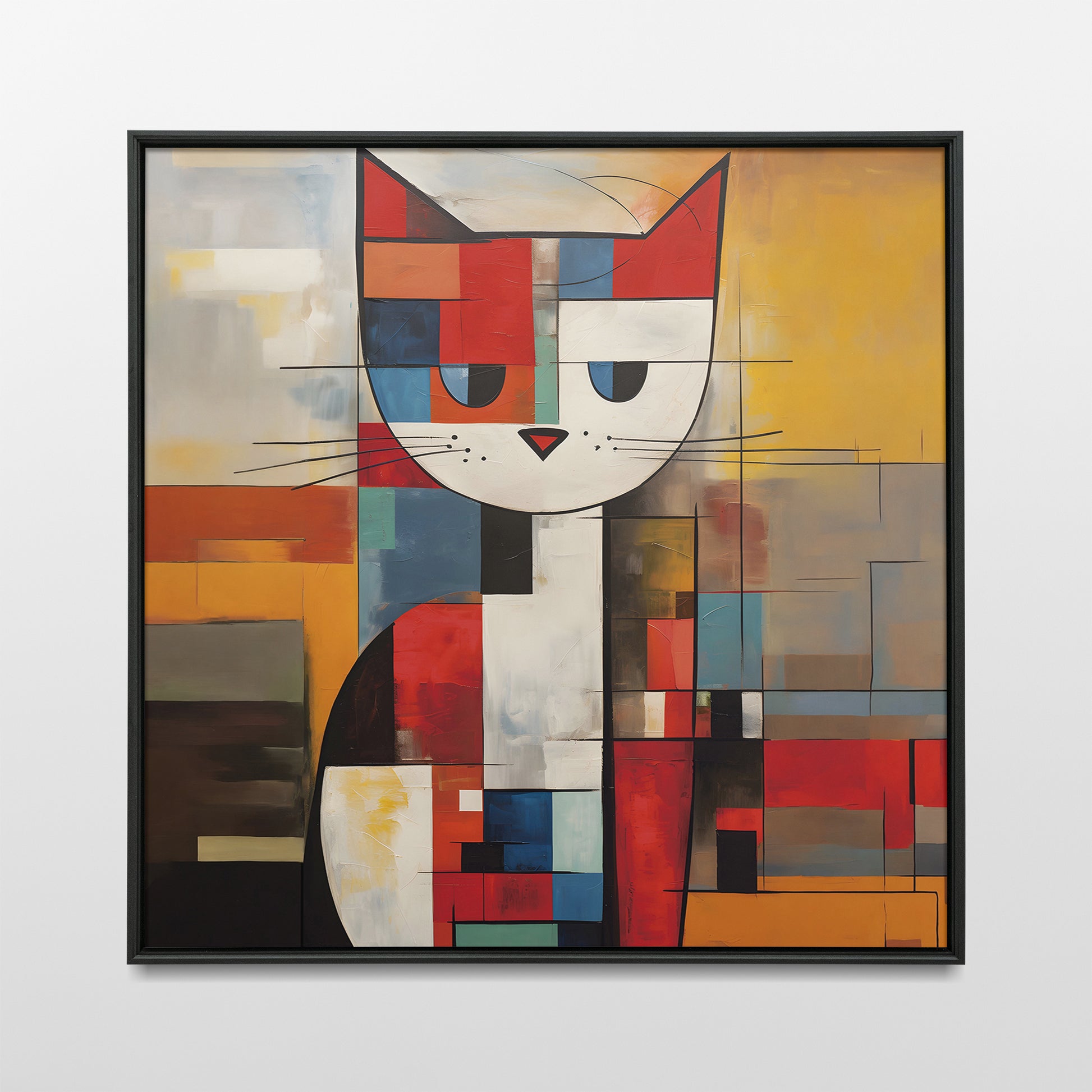 Mondrian Cat wall art print in a black metal frame.