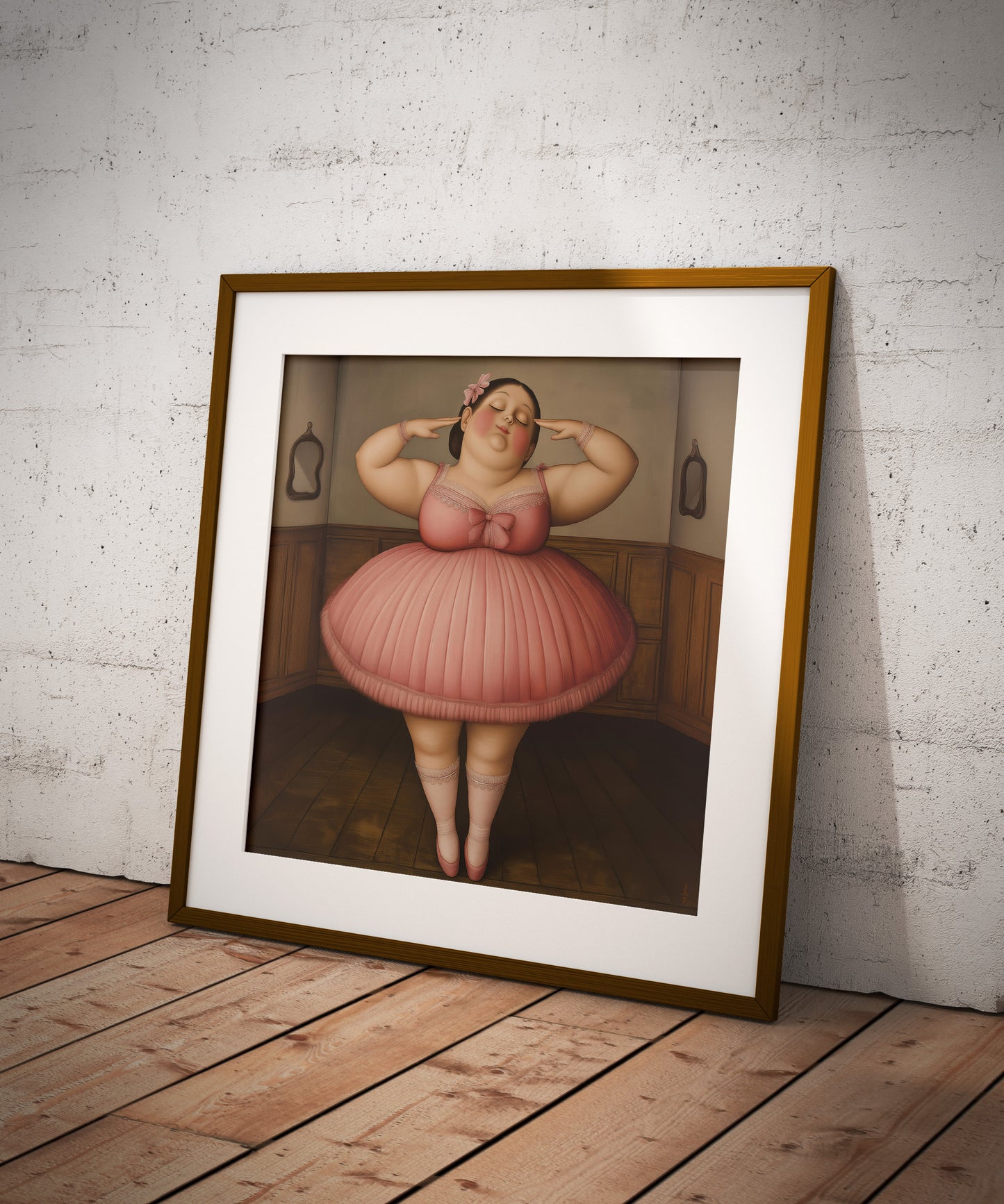 Botero ballerina wall art in a dark wood frame.