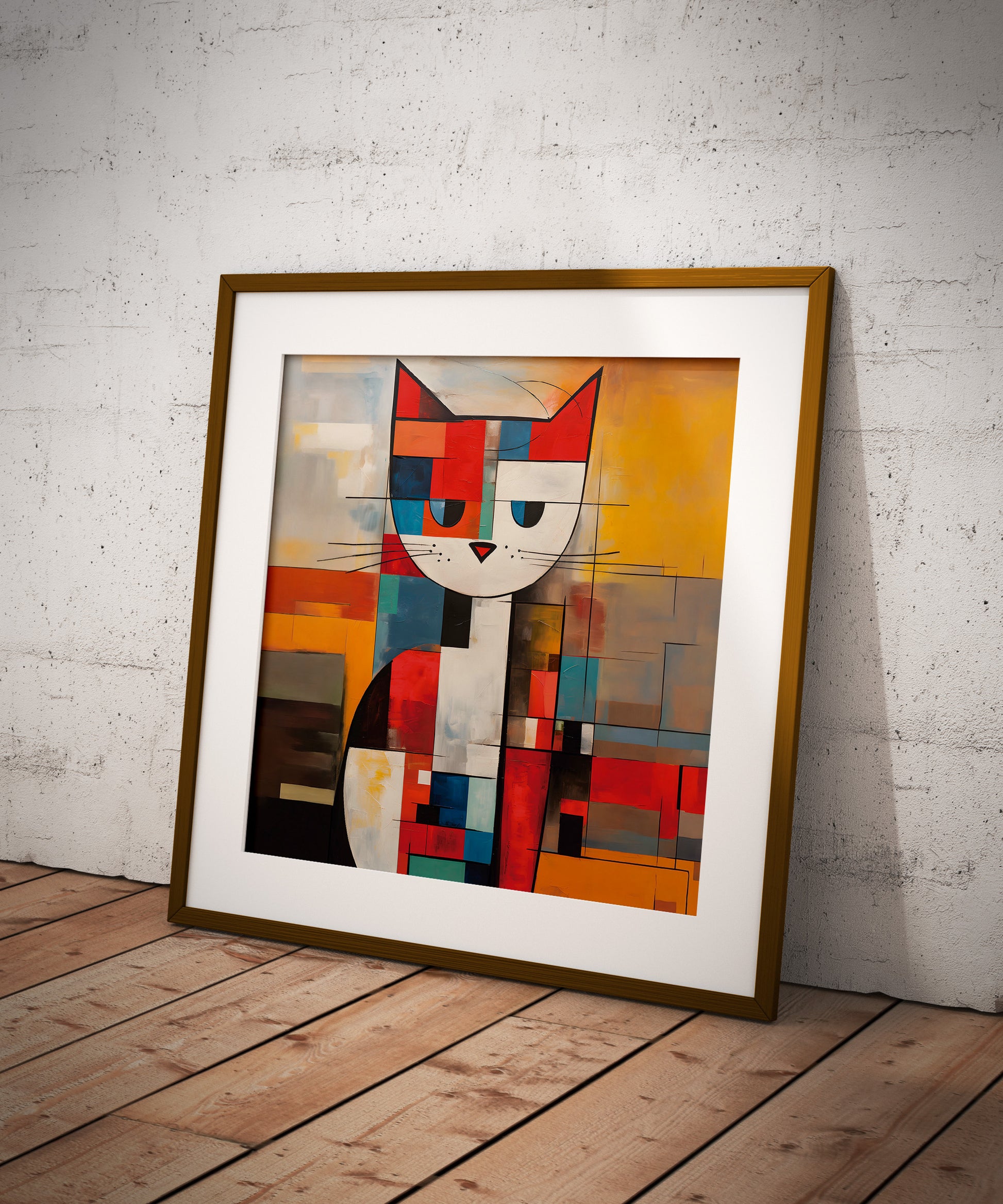 Mondrian Cat print in a dark wood frame.