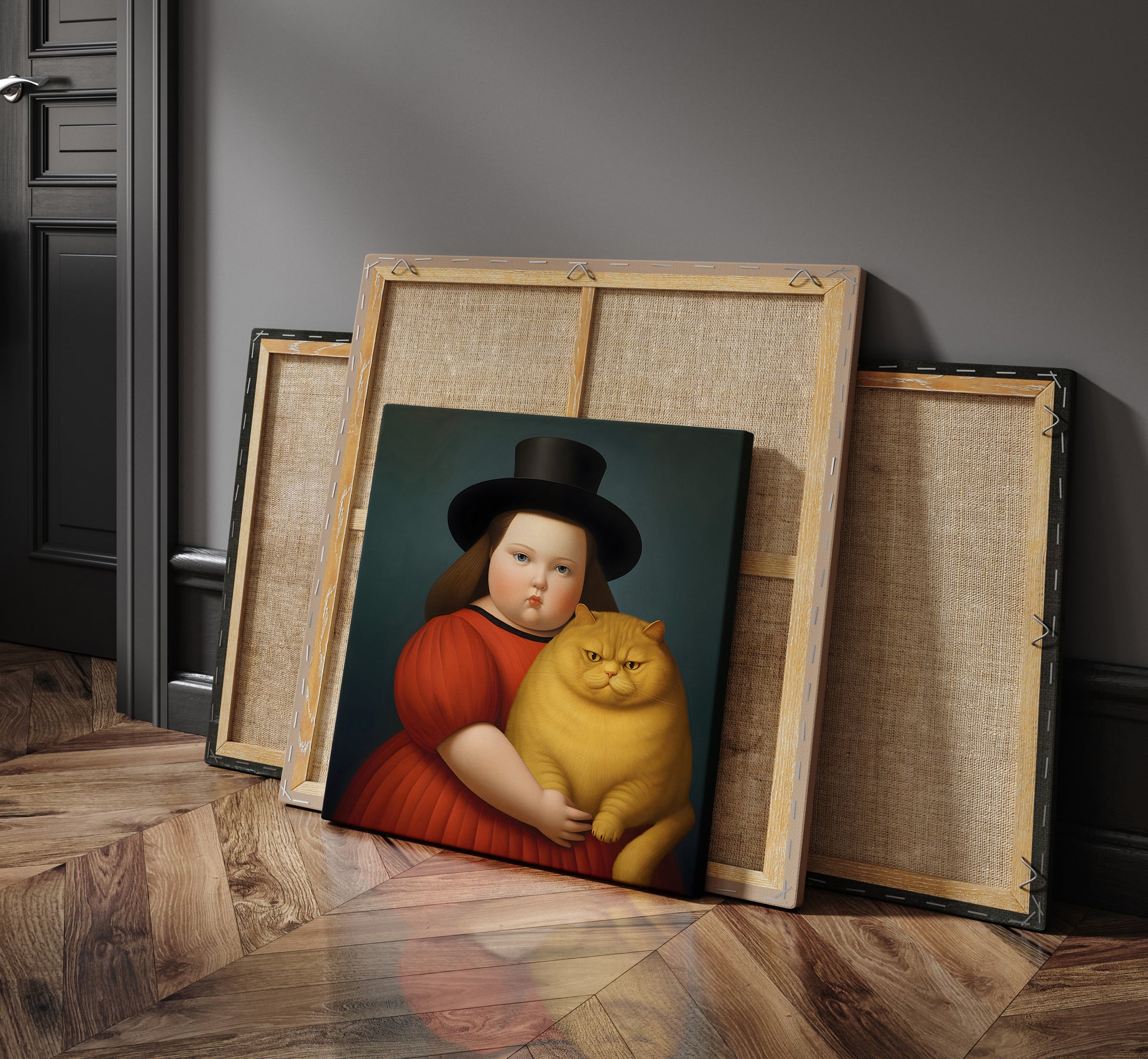 Botero portrait of a Girl with Cat square canvas wall art.