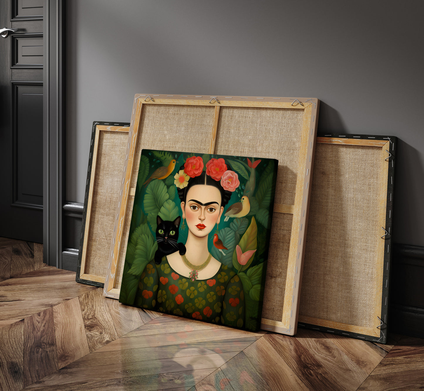 Frida Kahlo with black cat canvas in different sizes.