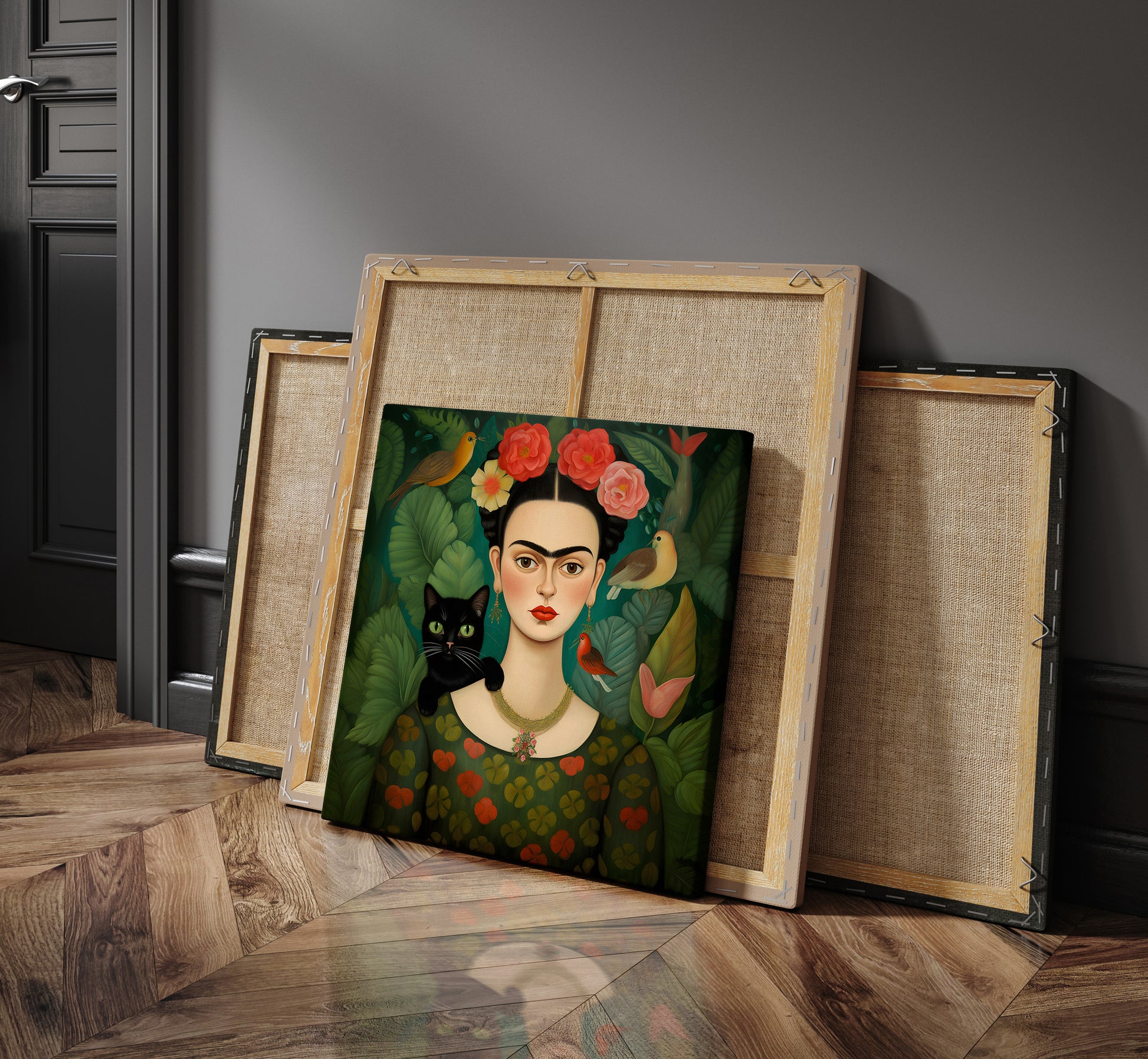 Frida Kahlo with black cat canvas in different sizes.