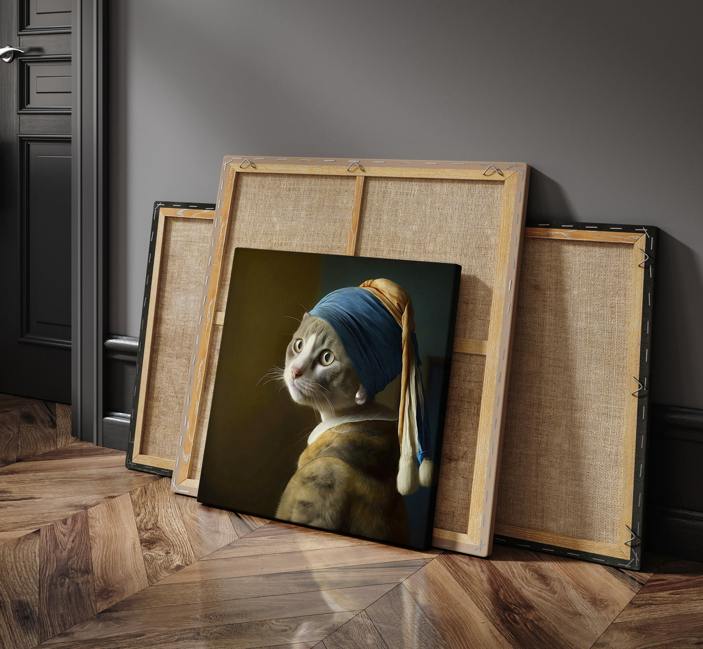 Grey cat with pearl earring canvas wall art.