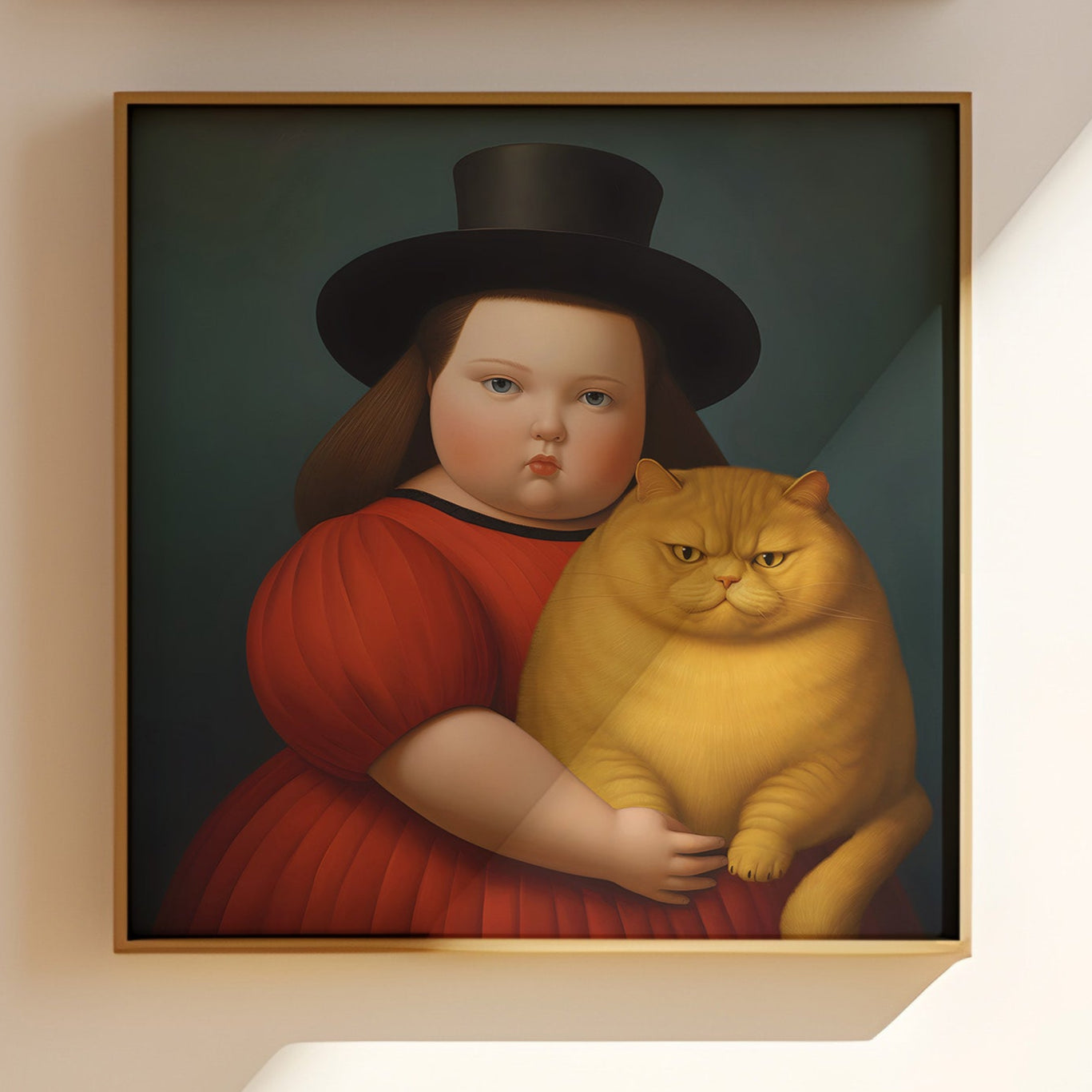 Botero portrait of a Girl with Cat wall art in a wood frame.