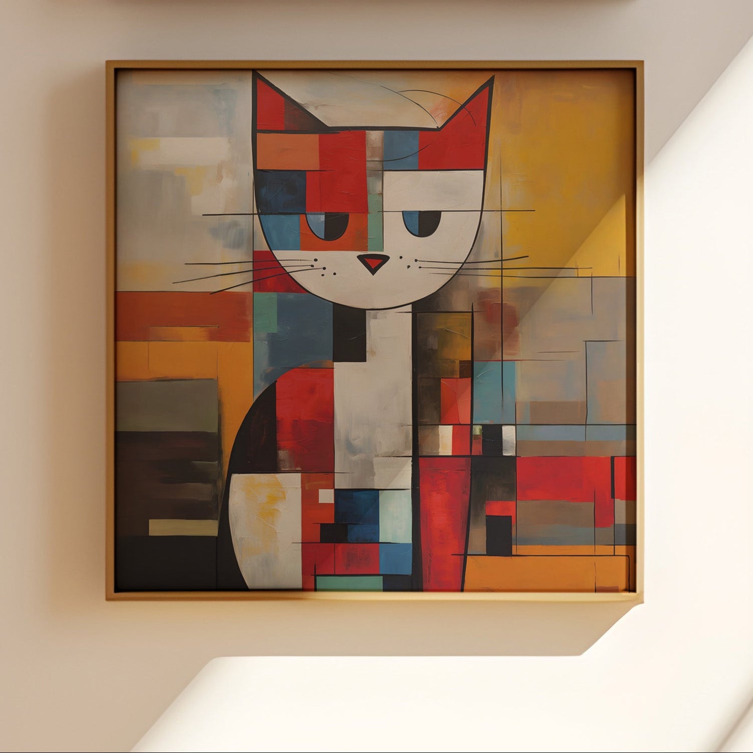 Mondrian Cat print in a natural wood frame.