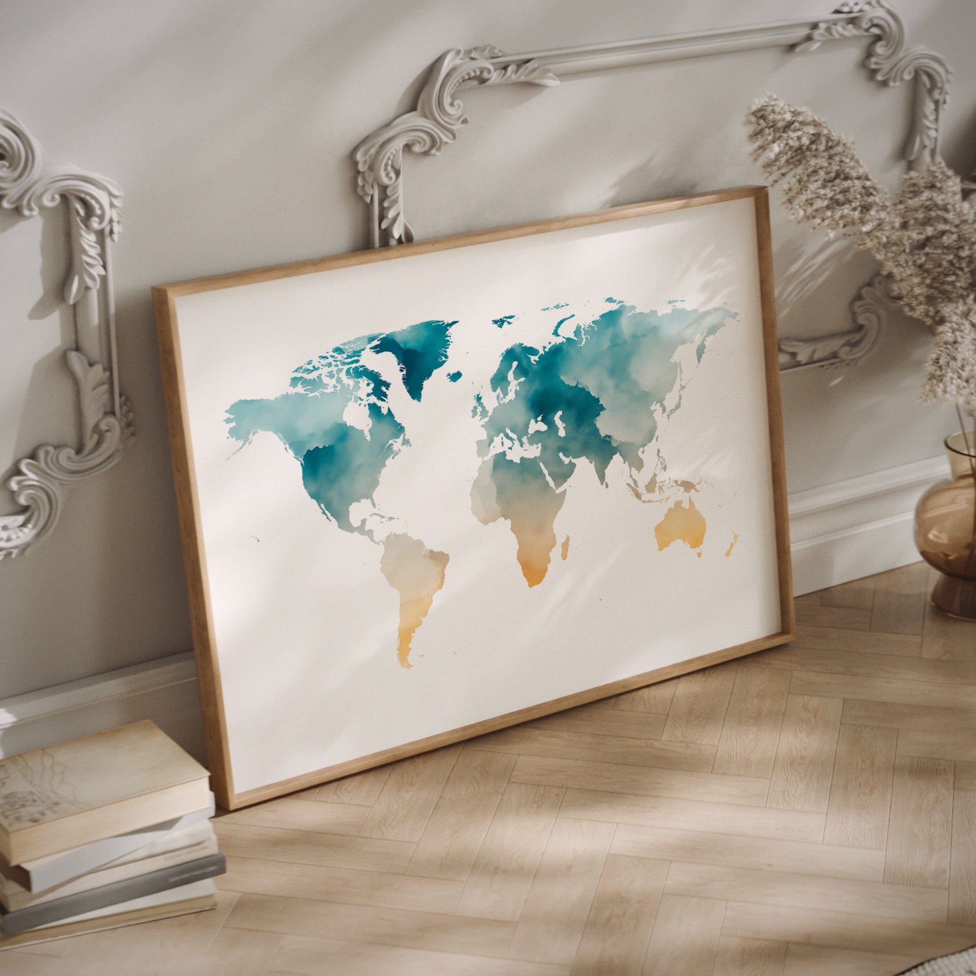 Framed world map art piece on a wall with decorative elements.