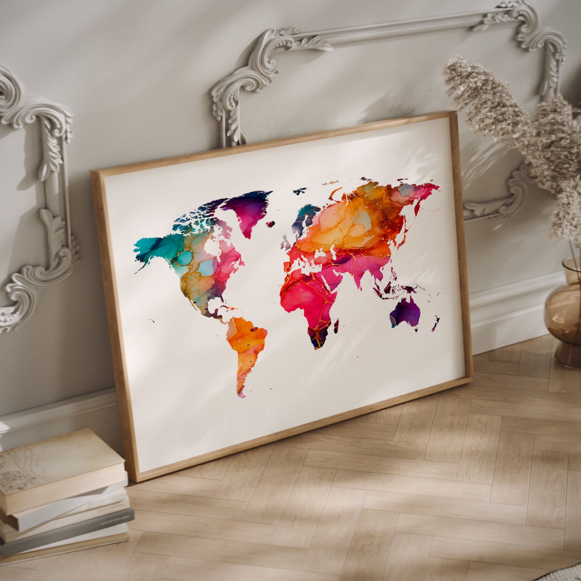 Colorful world map art piece in a wooden frame on a wall.