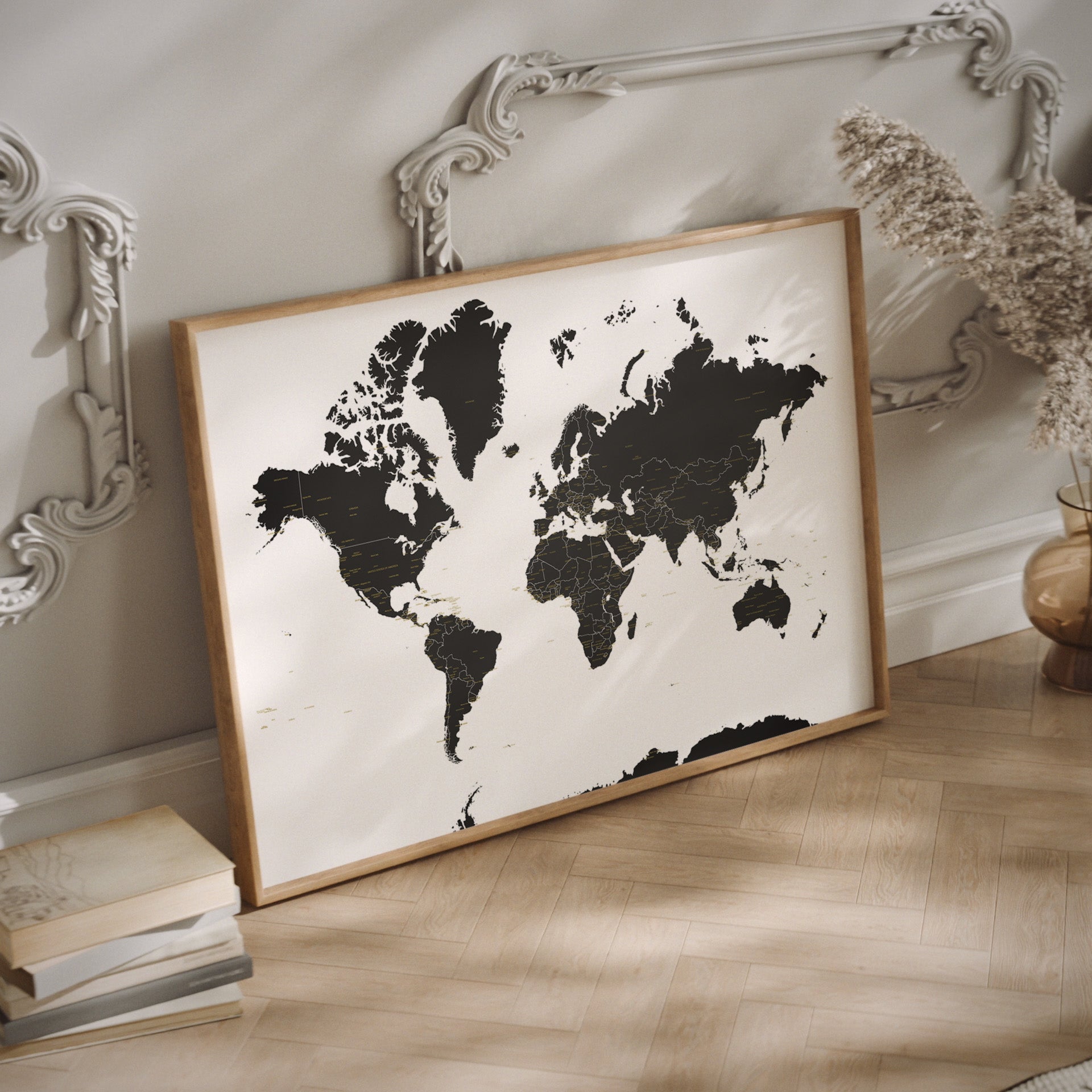 Framed world map on a wall with decorative elements