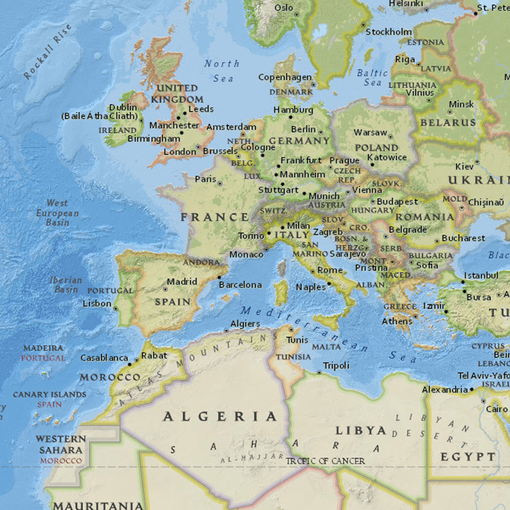 Detail of the World map of countries wall art.