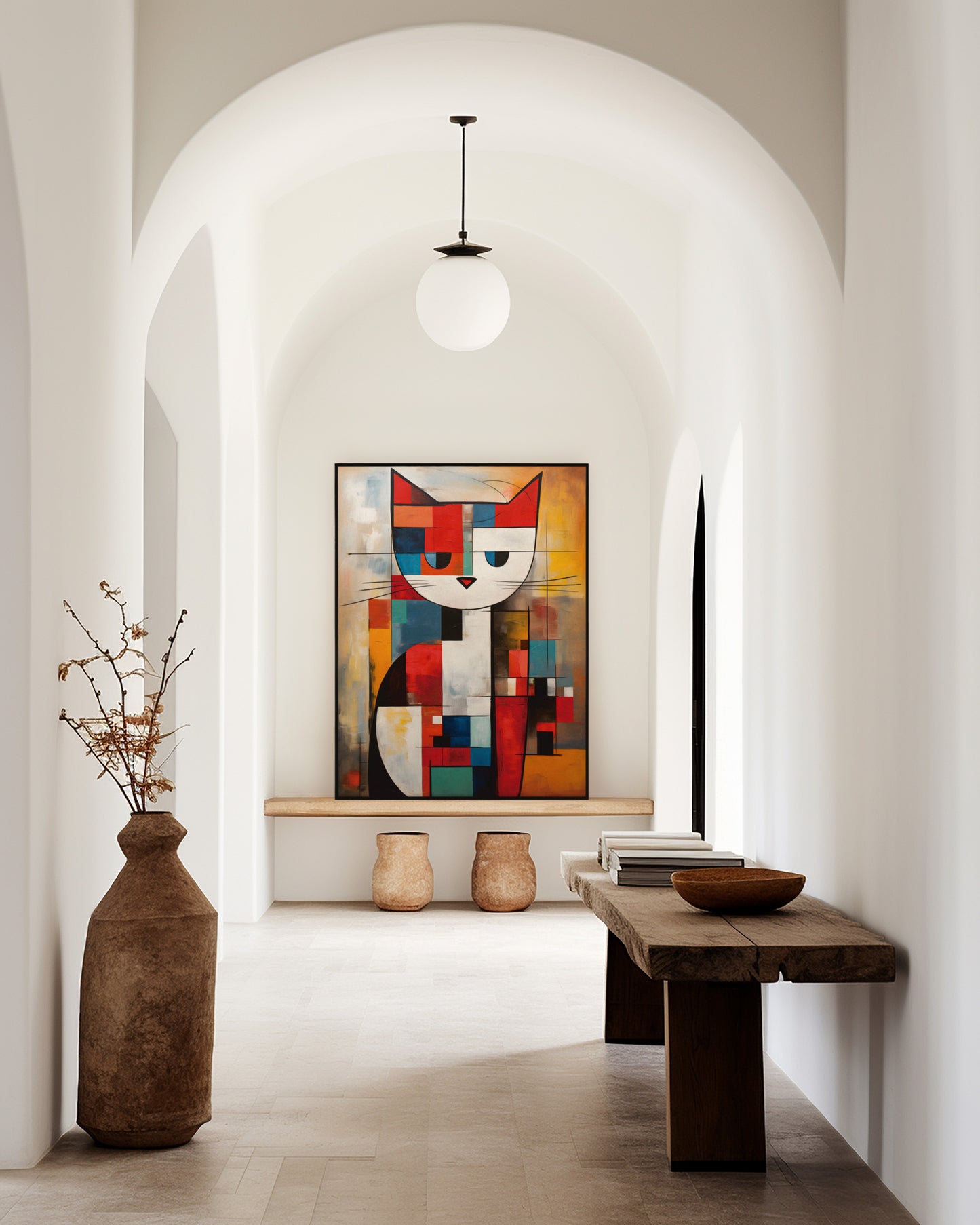 Mondrian Cat large wall art print in a dark wood frame.