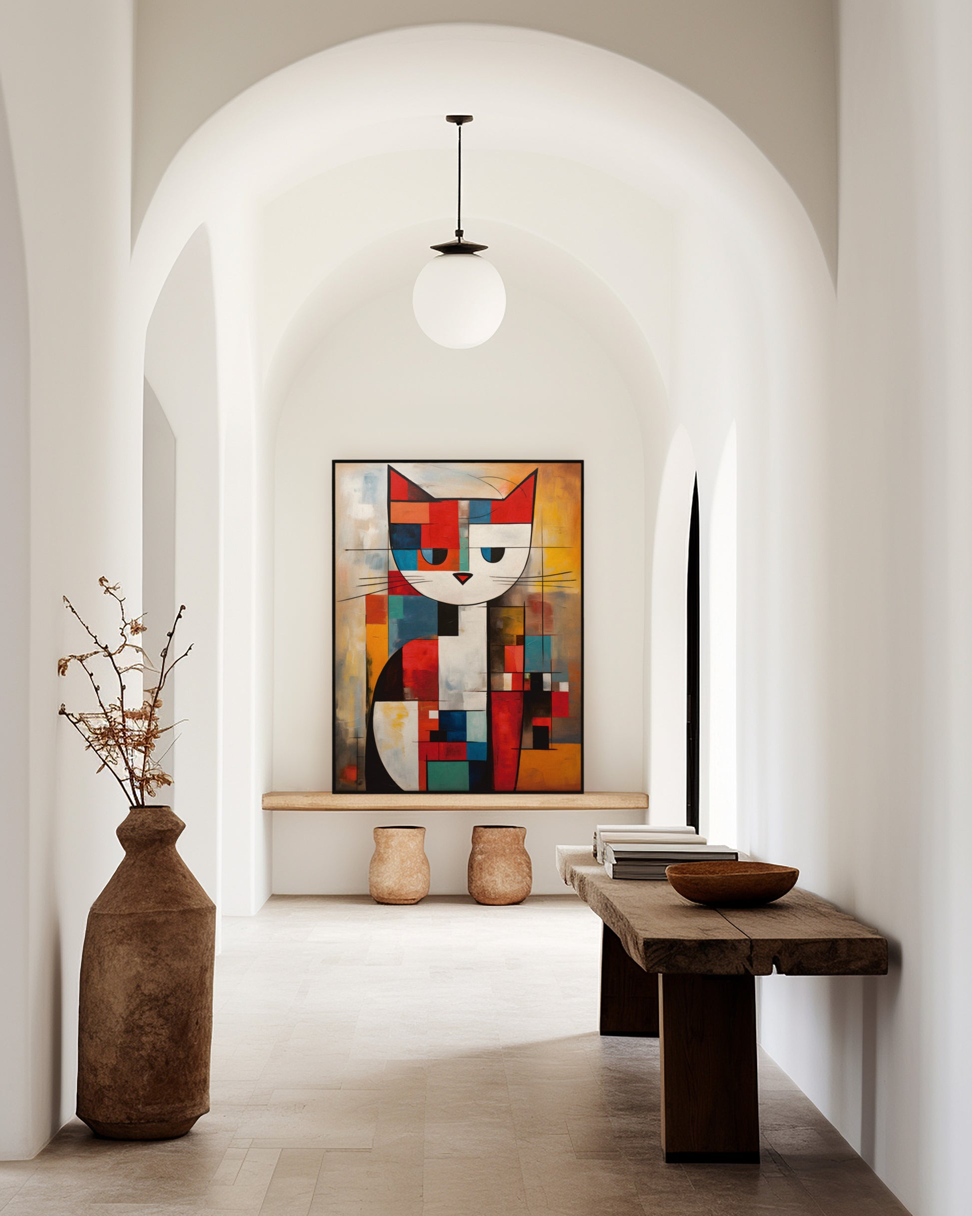 Mondrian Cat large wall art print in a dark wood frame.