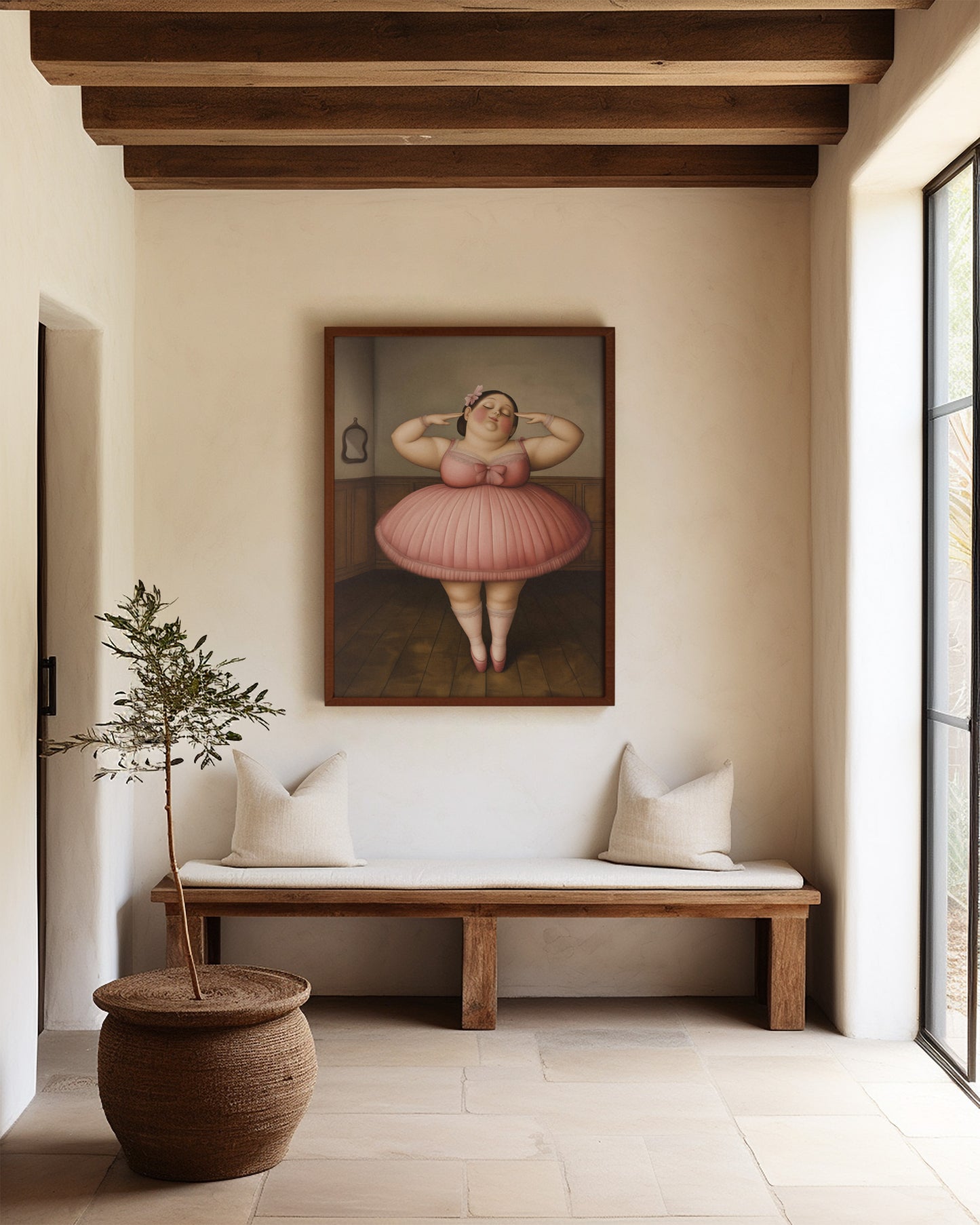 Botero ballerina large wall art in a dark wood frame.