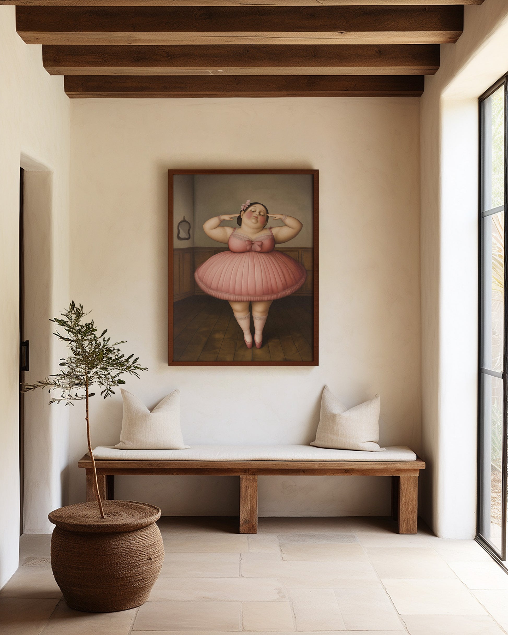 Botero ballerina large wall art in a dark wood frame.