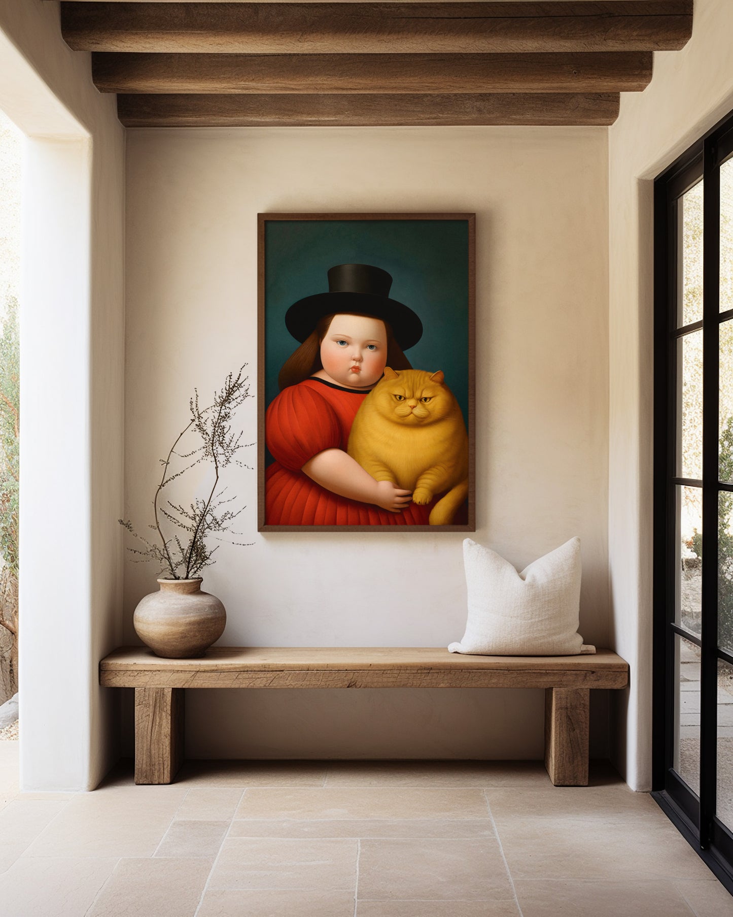Botero portrait of a Girl with Cat large wall art in a dark wood frame.