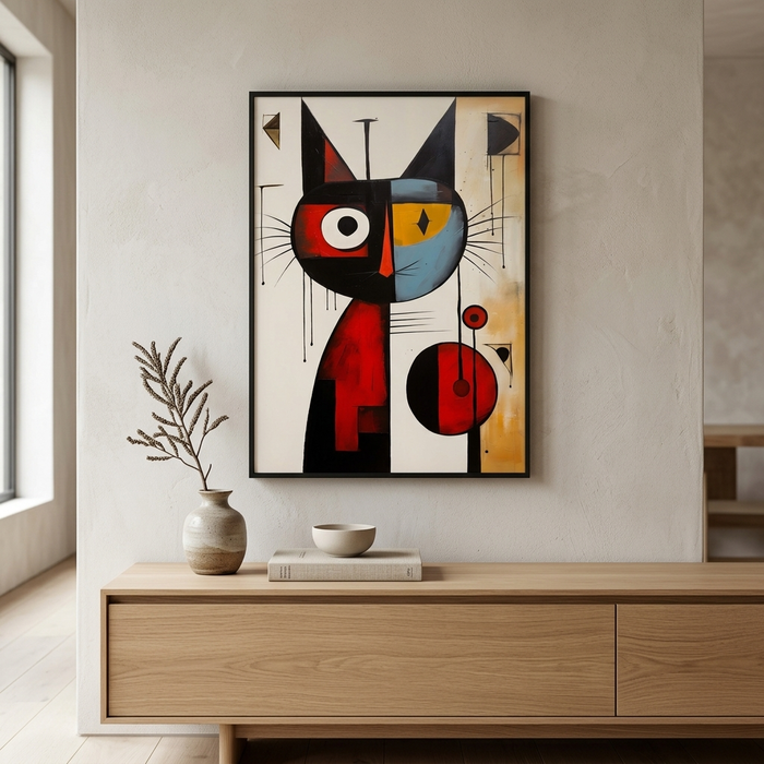 A framed abstract geometric cat painting hangs on a light beige wall above a wooden console table. The artwork features a stylized cat face in black, red, blue, yellow, and white, with dripped paint details.