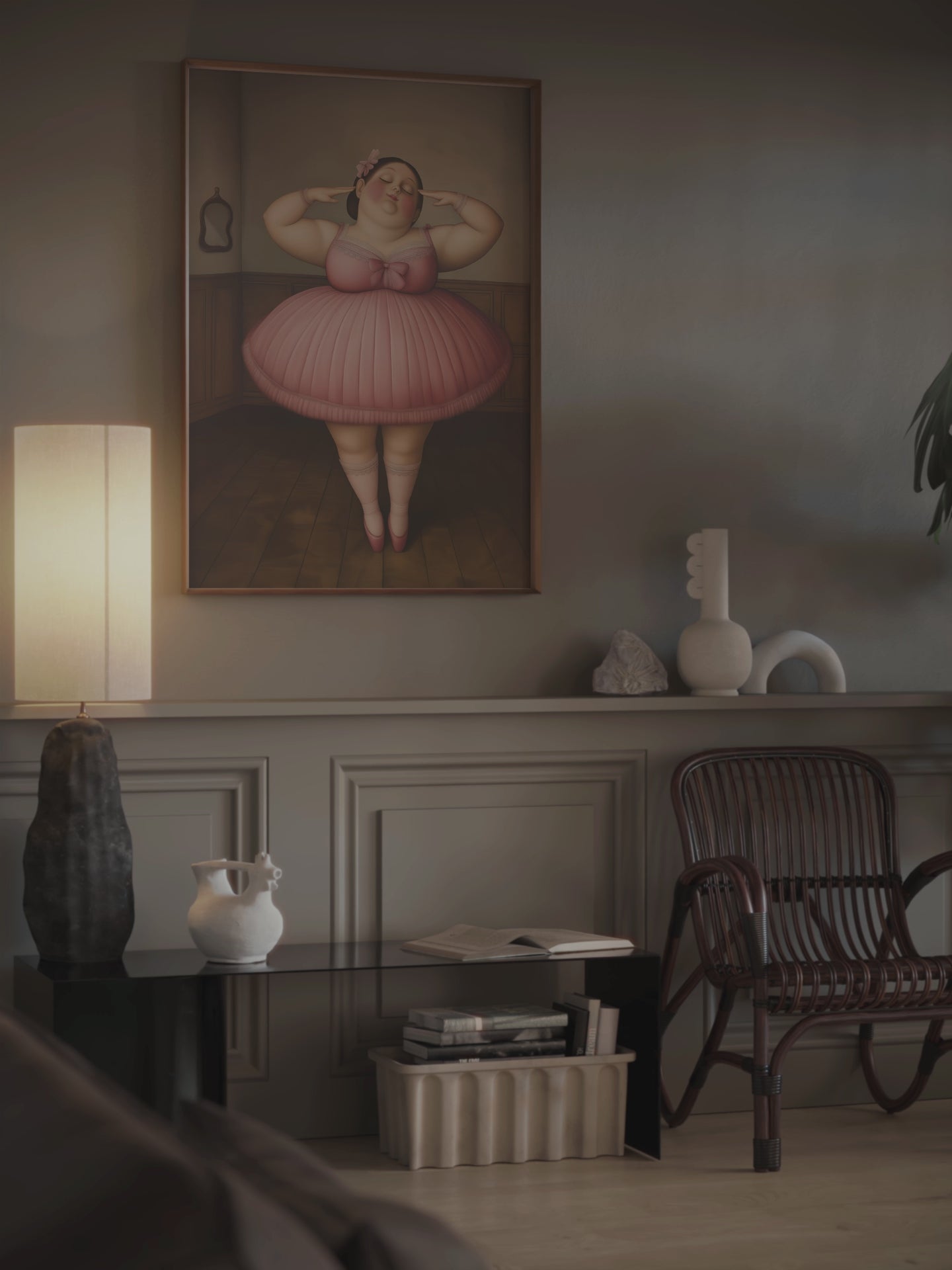 Botero ballerina wall art print in a dark wood frame.