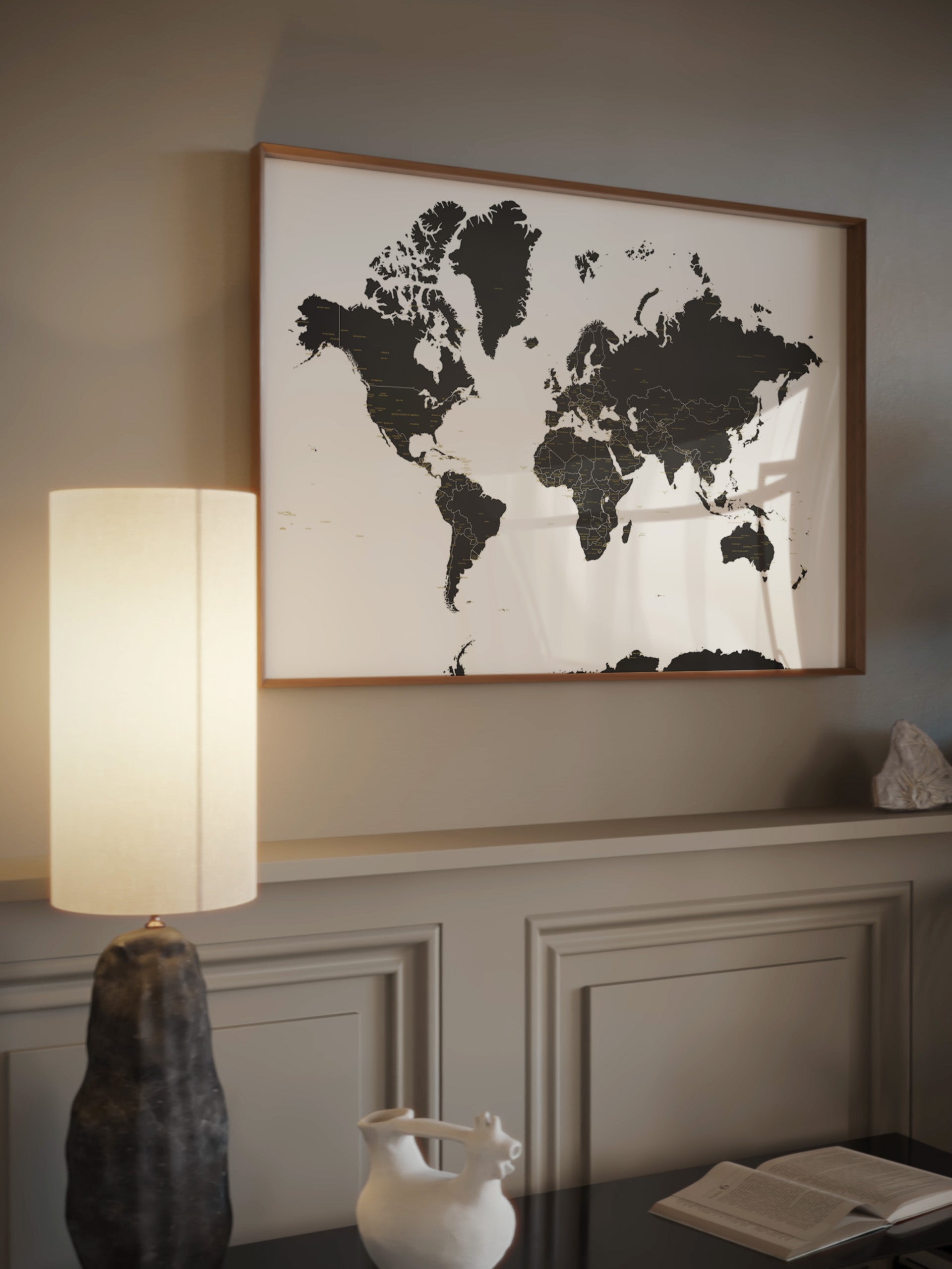 Black world map wall art.