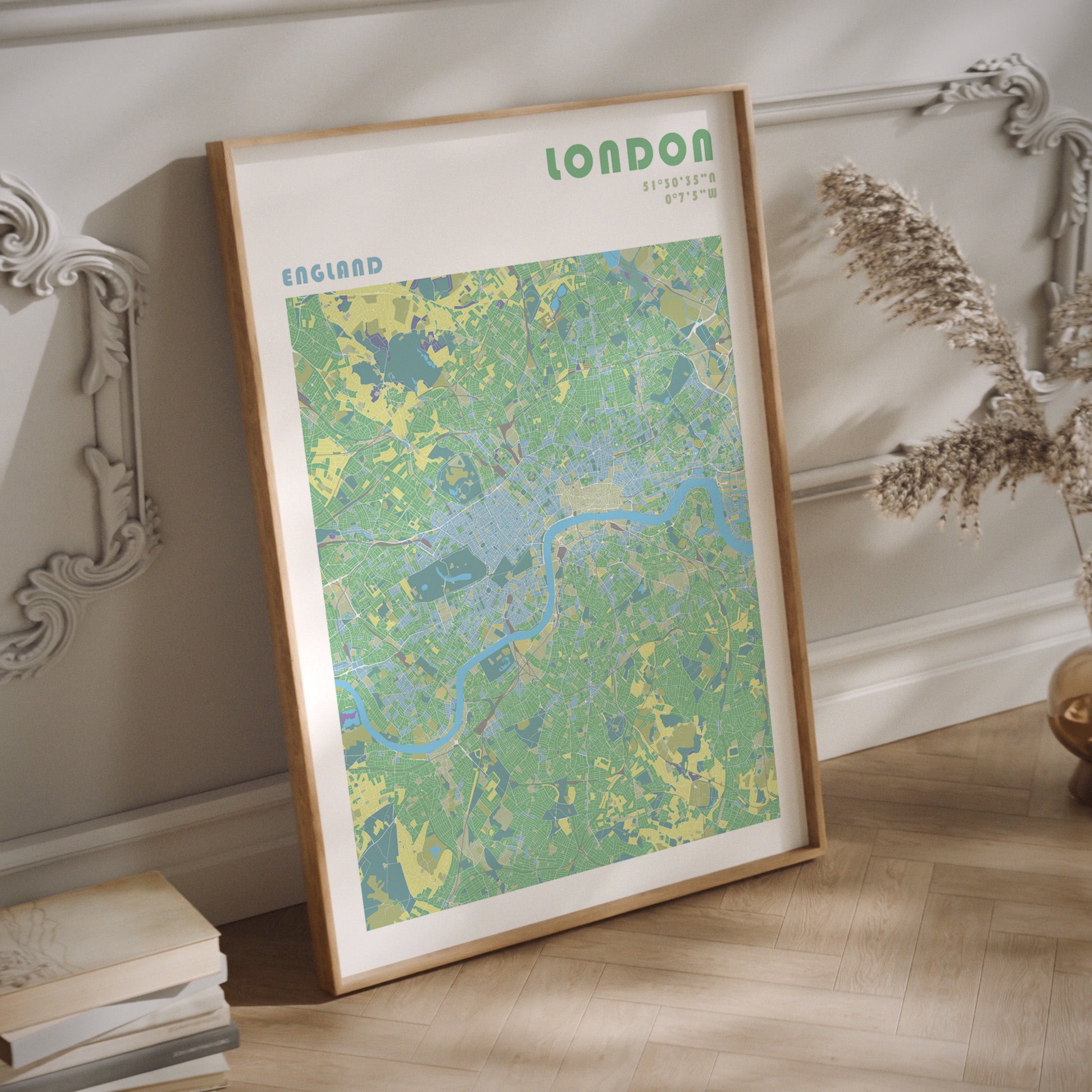 London city map postert in a dark wood frame.