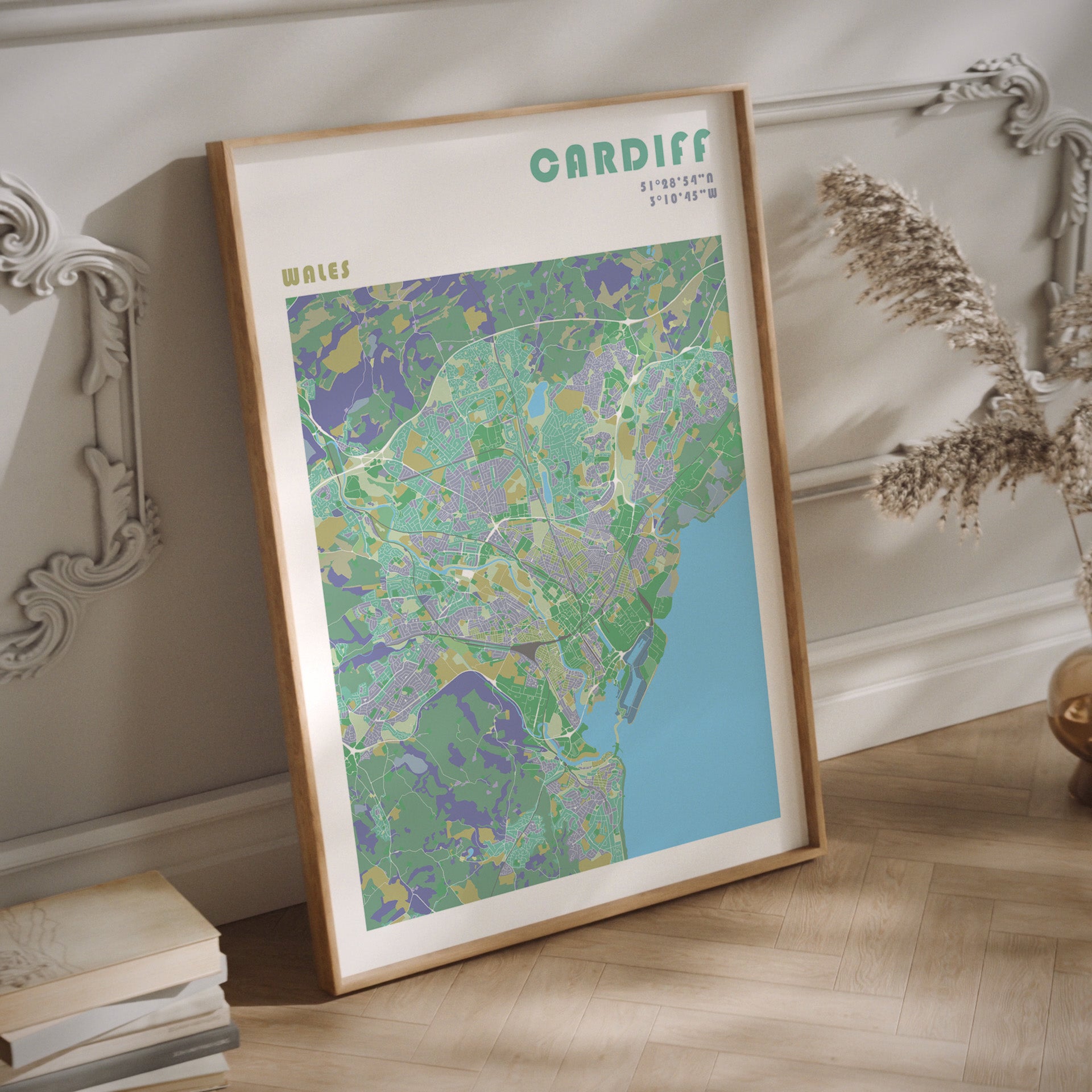 Cardiff travel map poster in an oak frame.