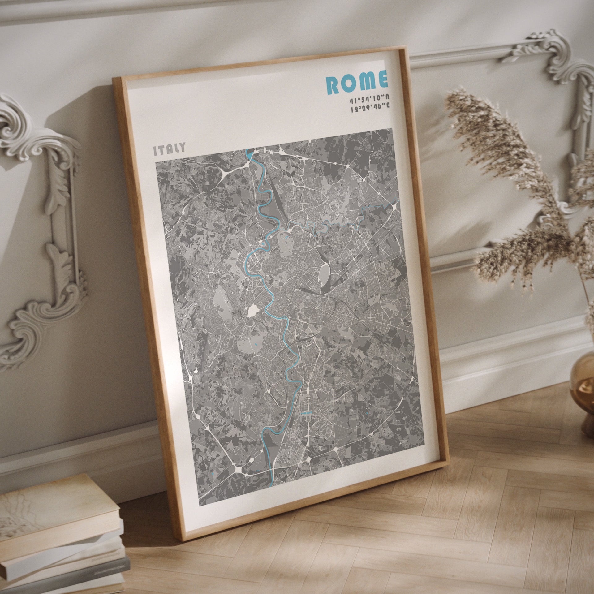 Rome travel map poster in a wood frame.