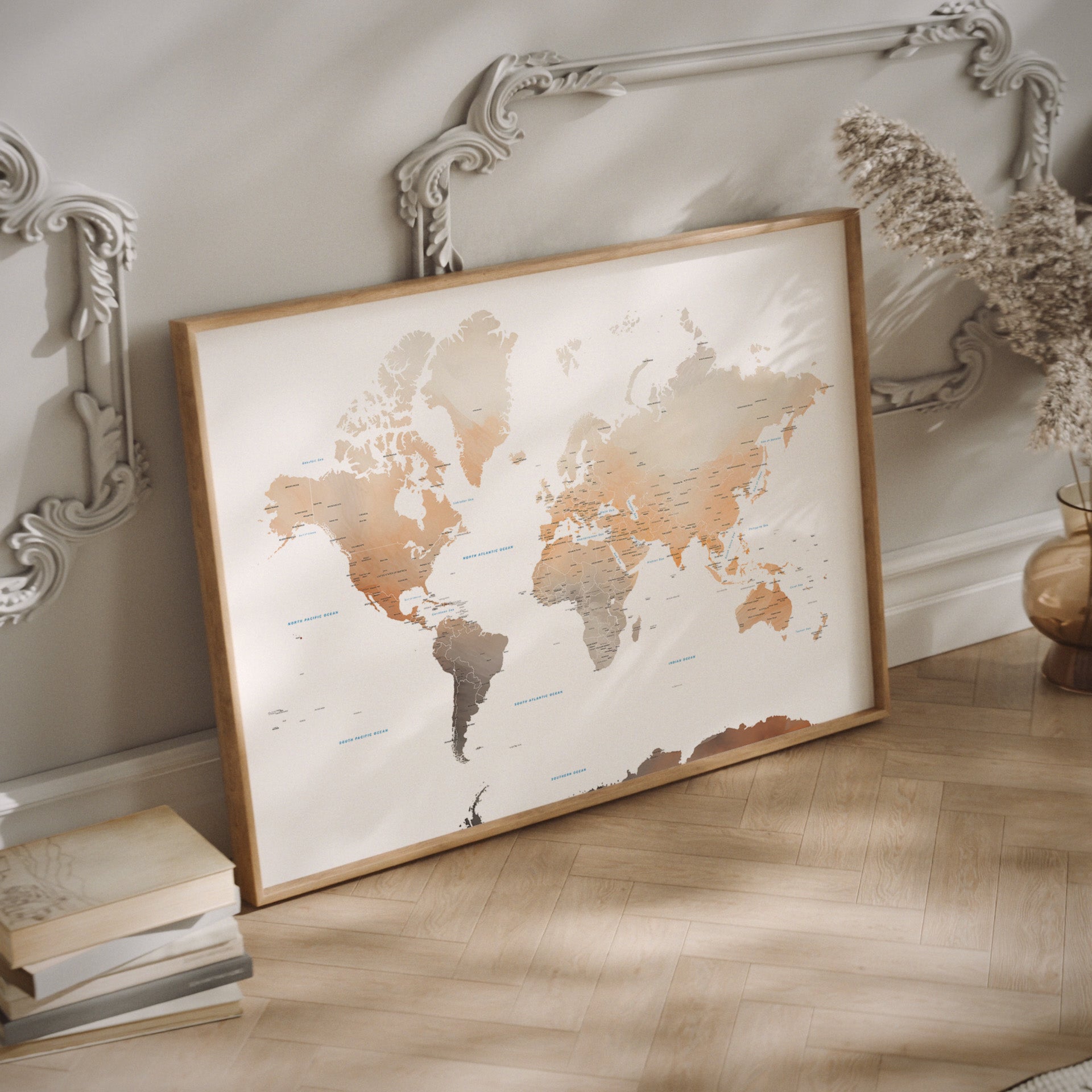 Watercolor travel world map in earth tones.