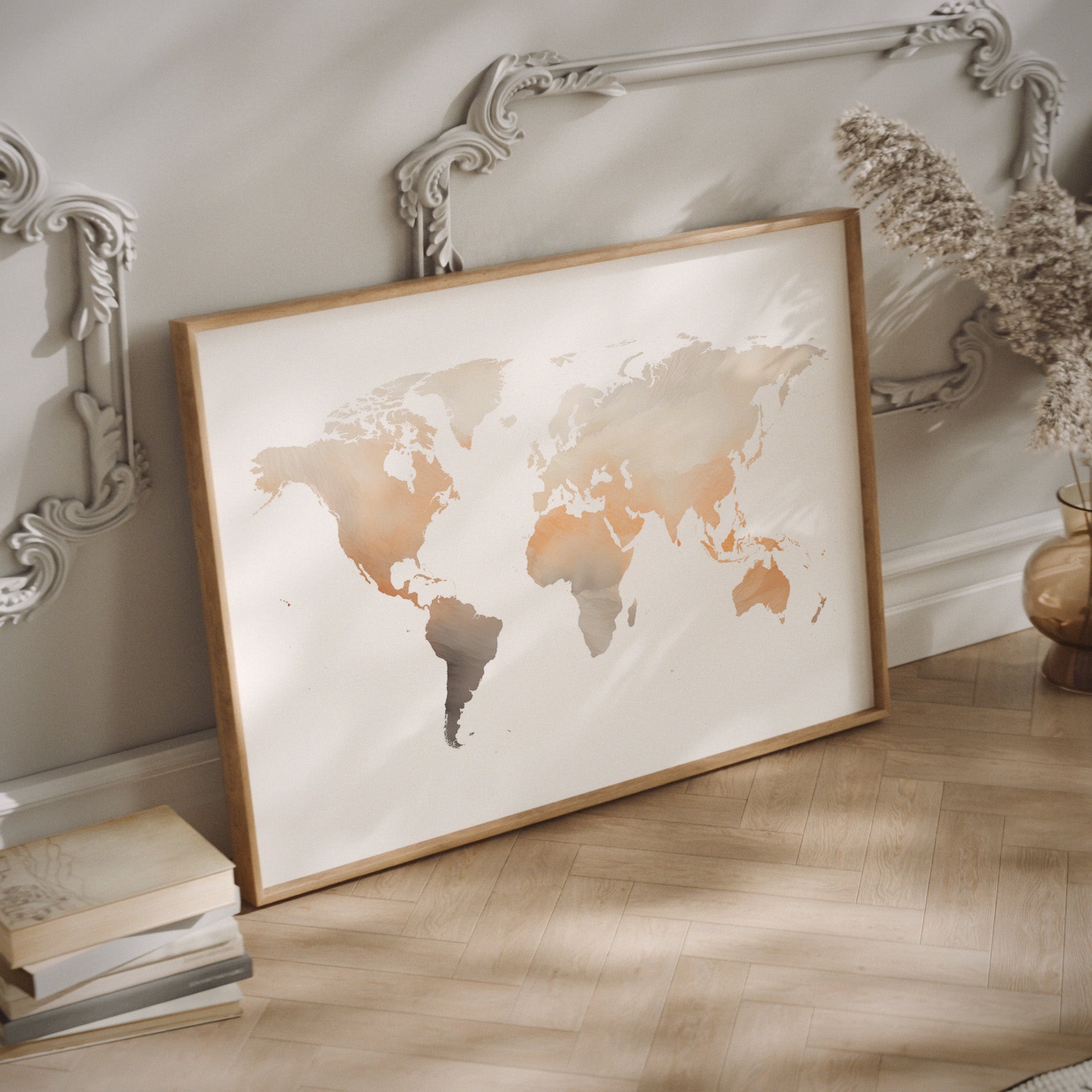 Watercolor world map in a  wood frame.