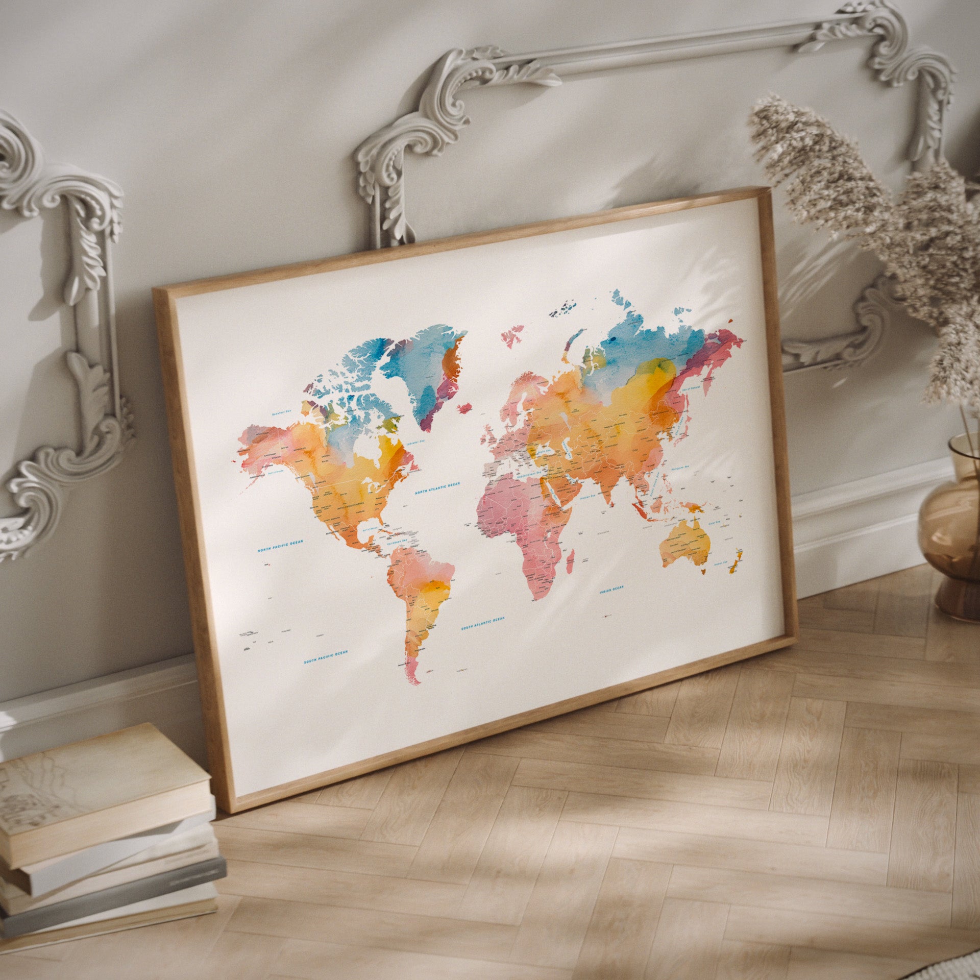 Watercolor World map art in a wood frame.