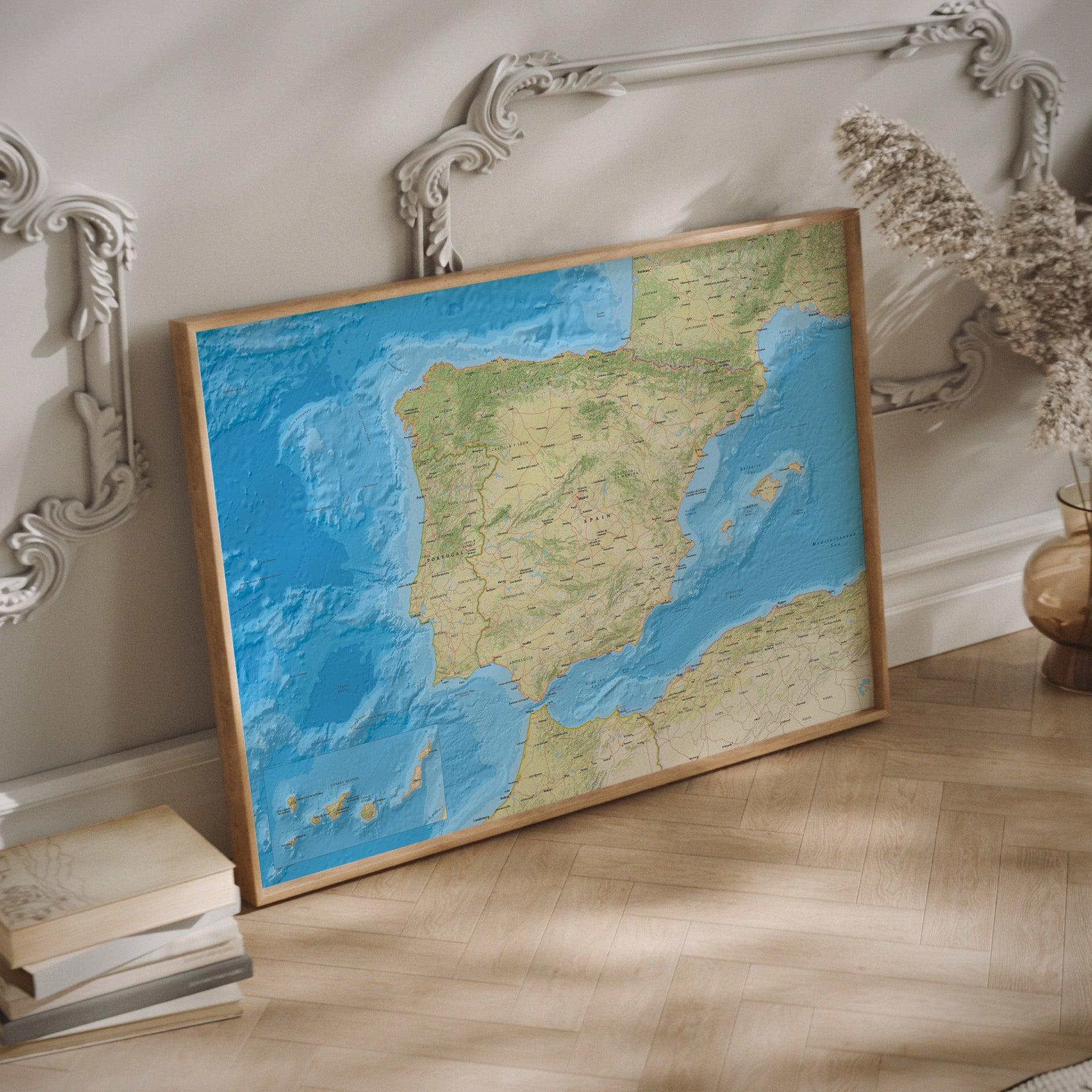 Map of Spain poster in a wood frame.