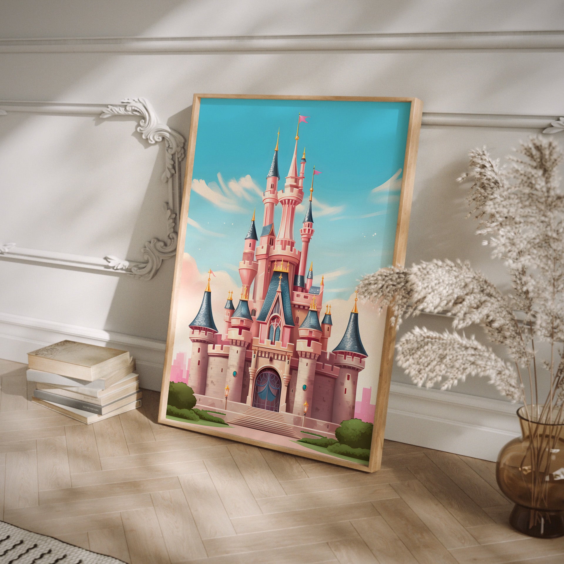 Disney castle poster in Pixar style in a wood frame.