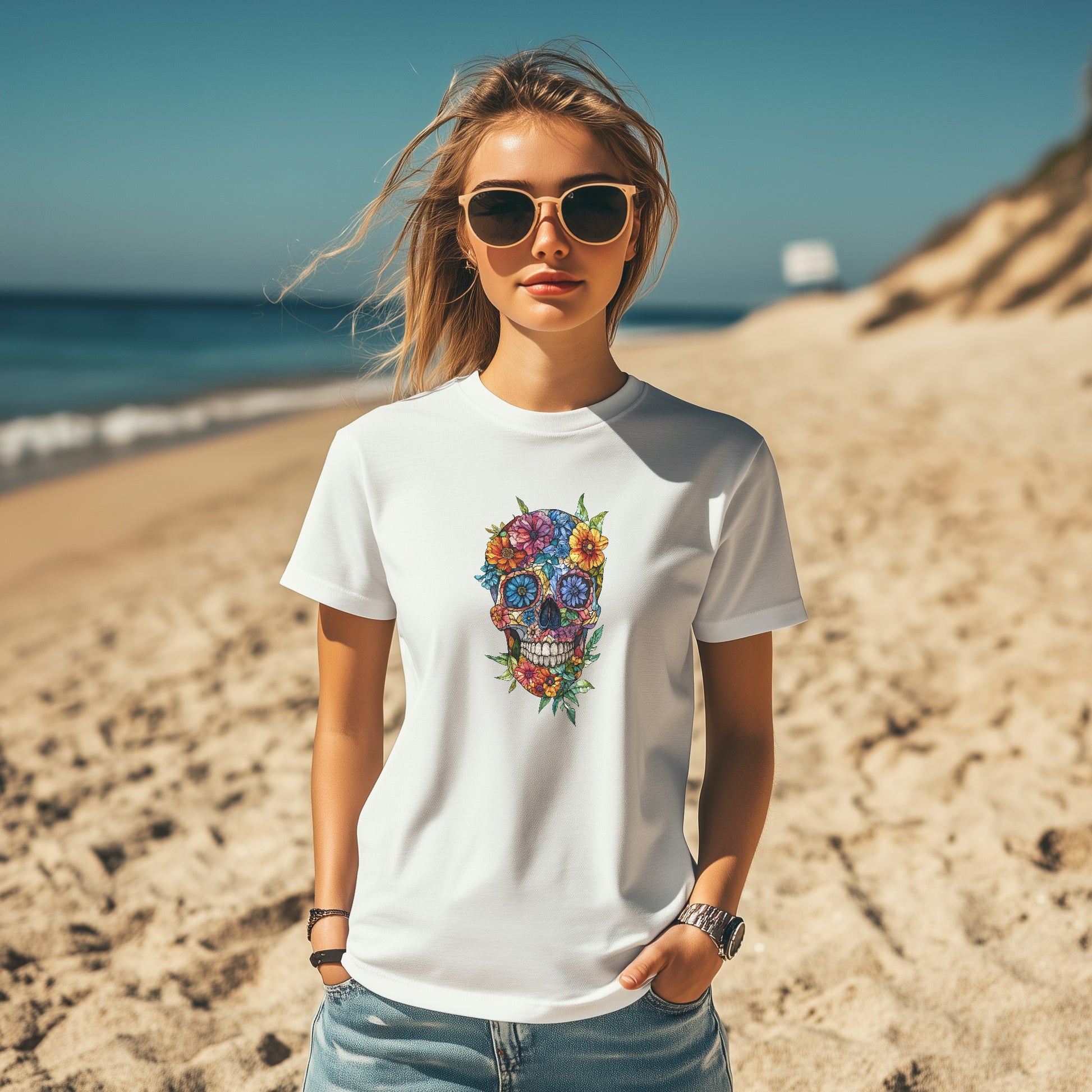 Colorful skull with flowers white tee.