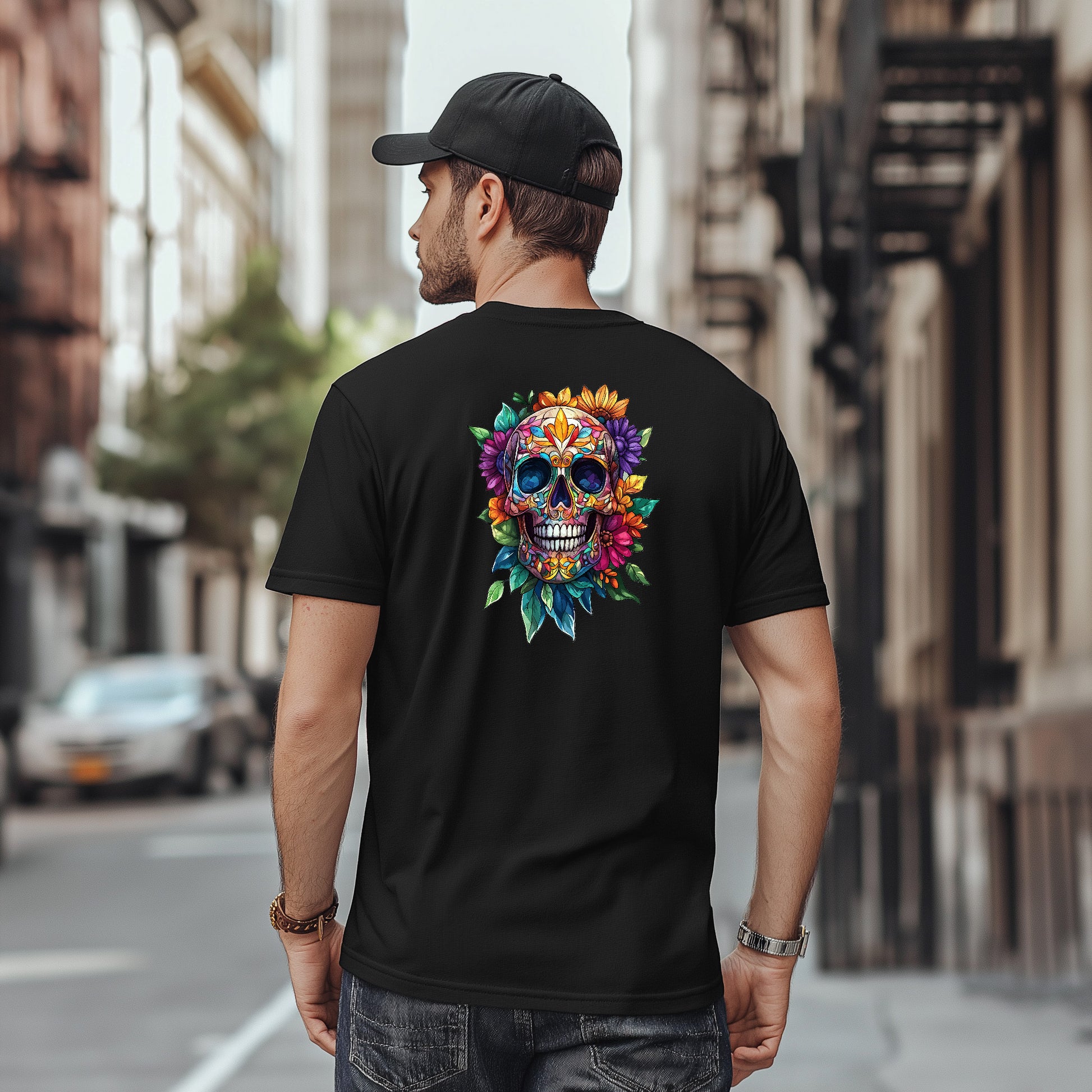 Colorful skull with flowers tshirt.