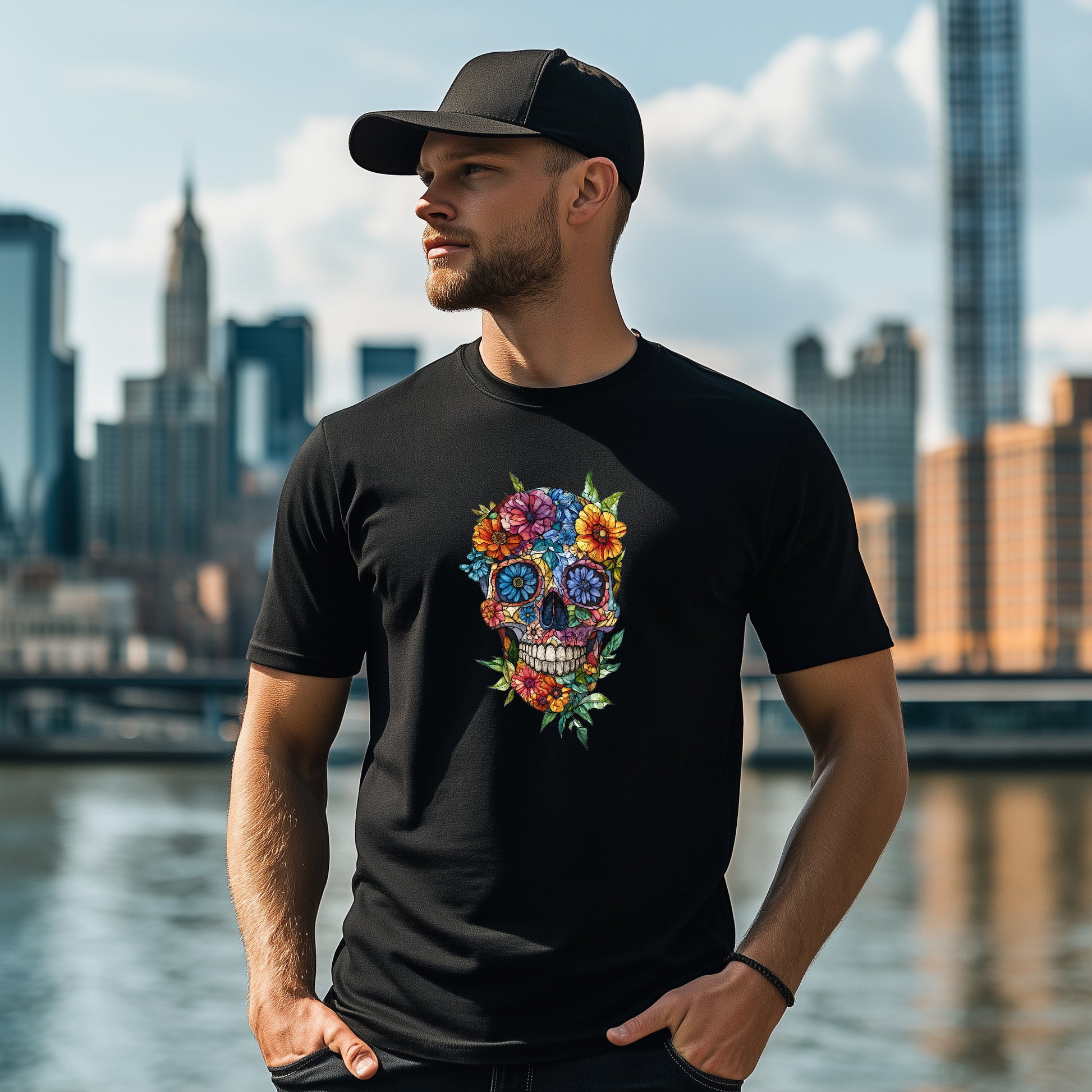 Colorful skull black tshirt.