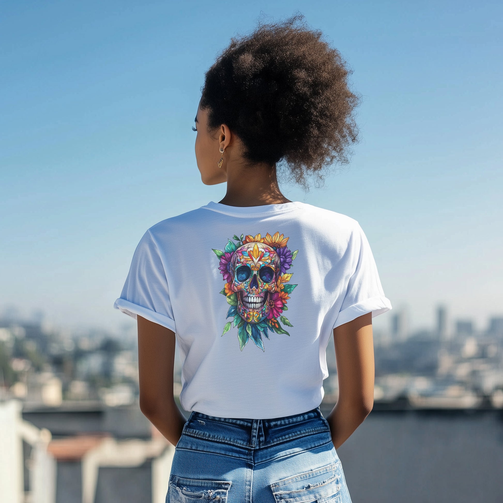 Colorful skull with flowers white tshirt.