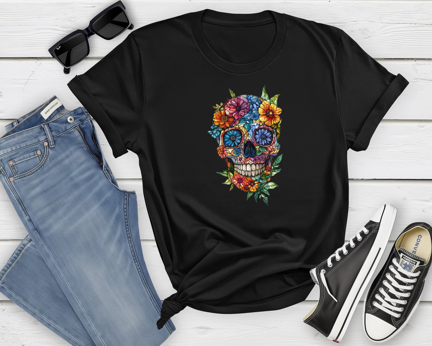 Colorful skull with flowers tshirt.